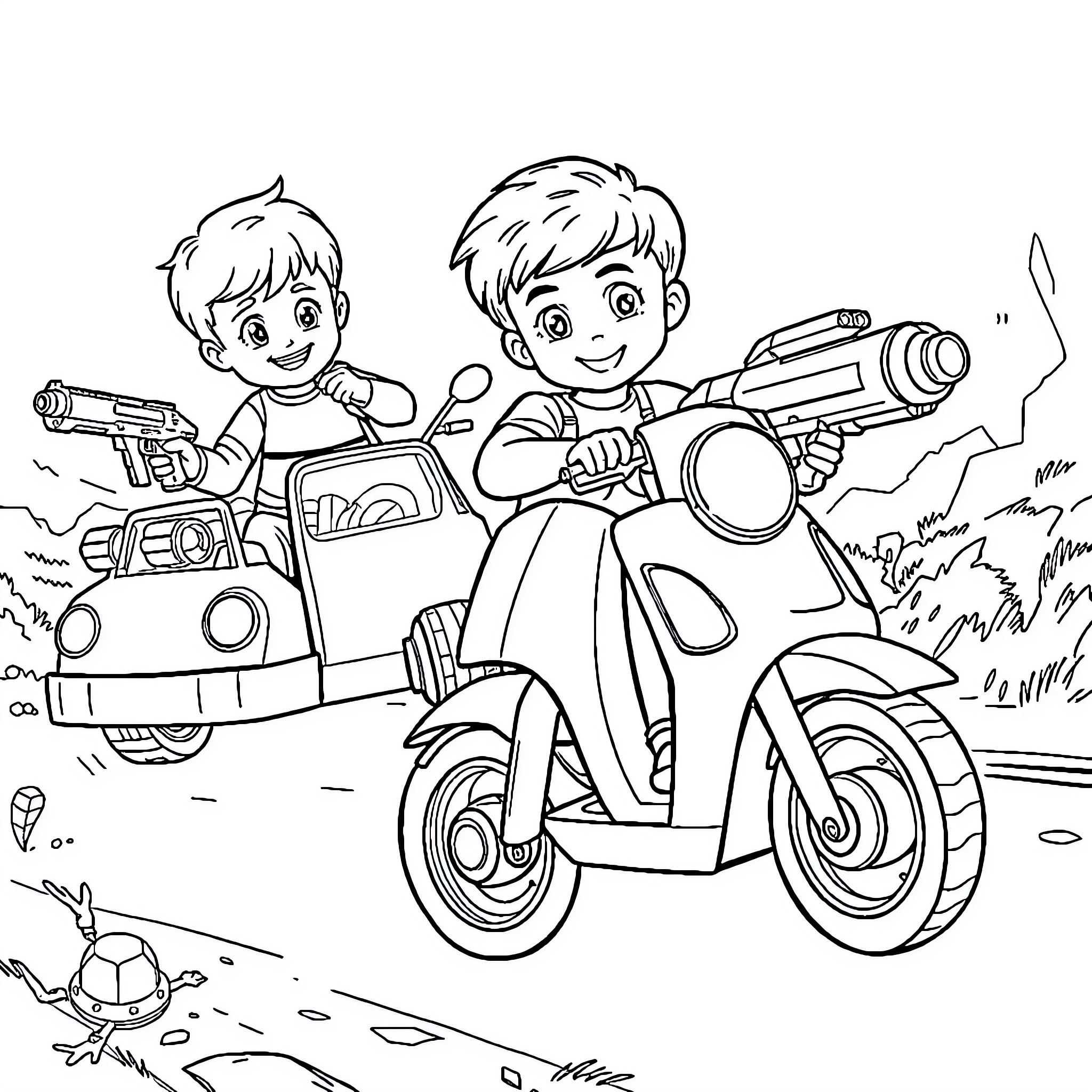 Lego Boys Riding Scooters and Toy Guns Coloring Page (free black-and-white line drawing printable PDF for all, from beginners to advanced learners, including children, teens, adults, and seniors)