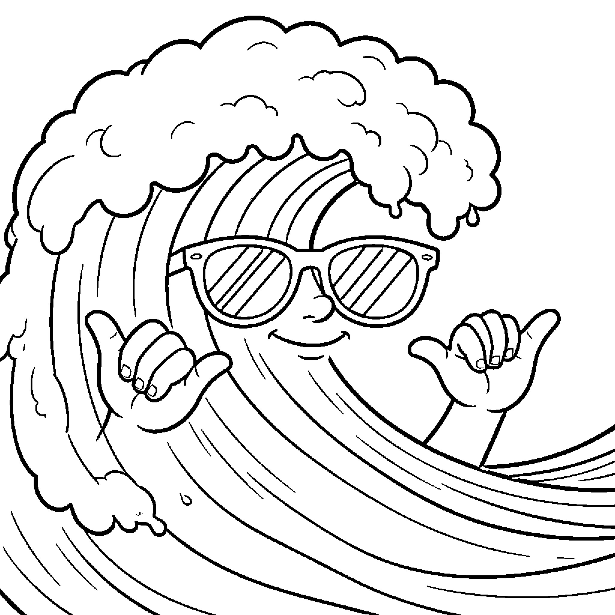 Wave of Cheerful Surfing Coloring Page (free black-and-white line drawing printable PDF for all, from beginners to advanced learners, including children, teens, adults, and seniors)