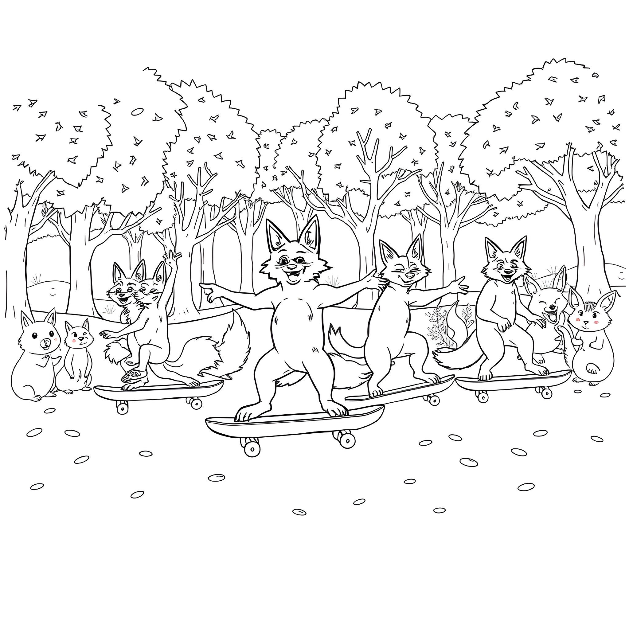 Coyote skateboarders in the forest Coloring Page (free black-and-white line drawing printable PDF for all, from beginners to advanced learners, including children, teens, adults, and seniors)