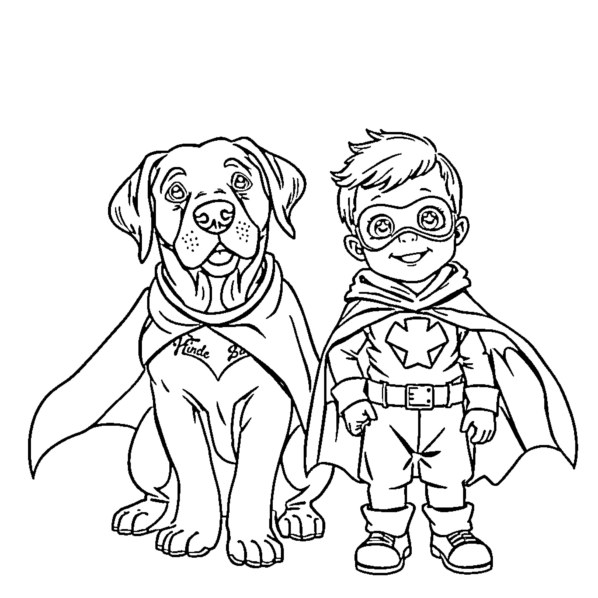 Labrador and superhero boy in costume Coloring Page (free black-and-white line drawing printable PDF for all, from beginners to advanced learners, including children, teens, adults, and seniors)