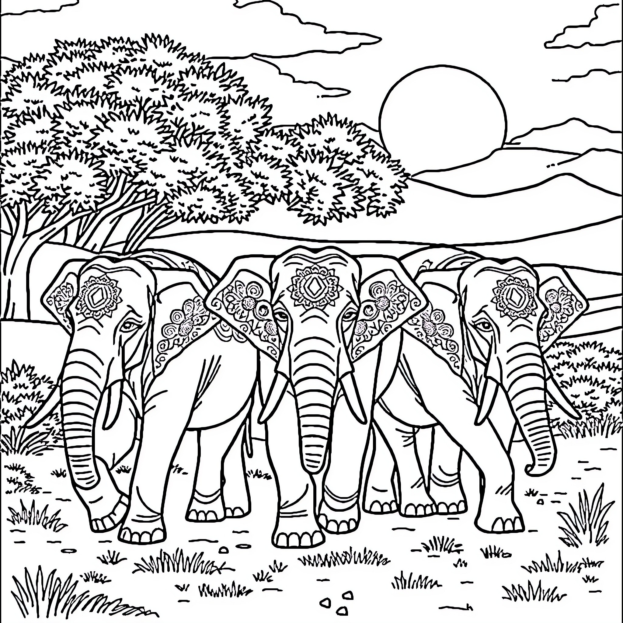 Elephant Herd Strolling Through Nature's Beauty Coloring Page (free black-and-white line drawing printable PDF for all, from beginners to advanced learners, including children, teens, adults, and seniors)