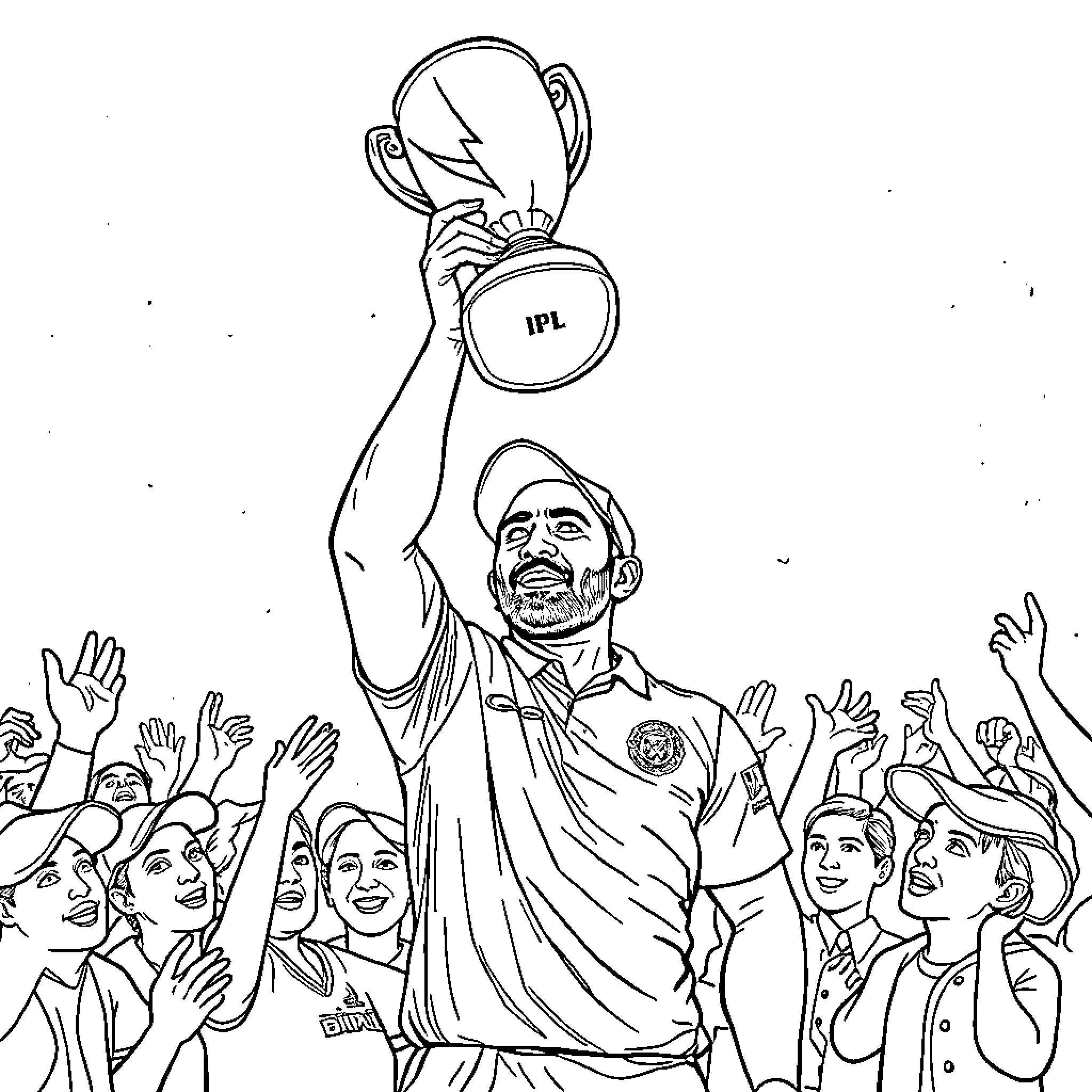 Dhoni celebrating with IPL trophy in front of cheering crowd Coloring Page (free black-and-white line drawing printable PDF for all, from beginners to advanced learners, including children, teens, adults, and seniors)