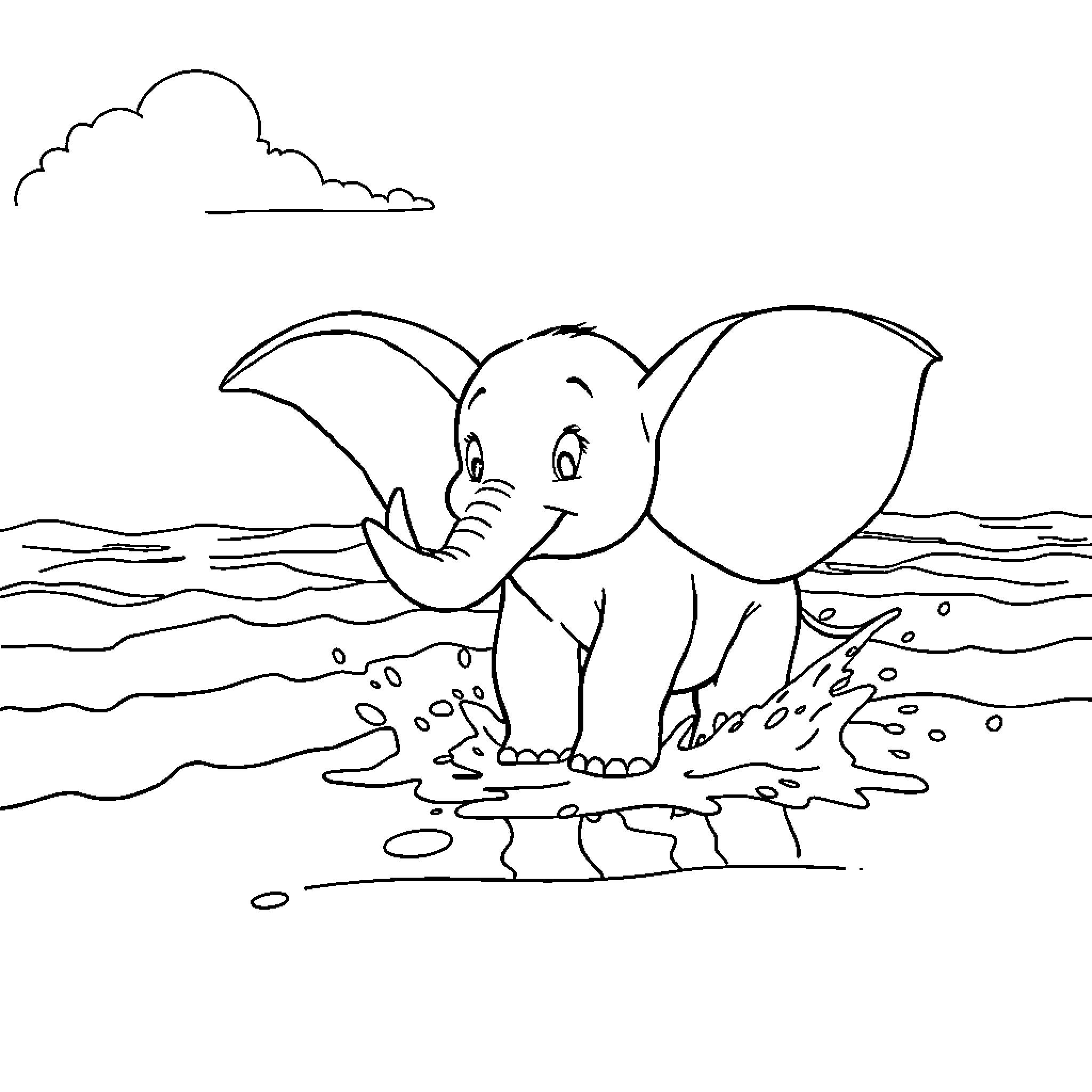 Dumbo the elephant playing in water Coloring Page (free black-and-white line drawing printable PDF for all, from beginners to advanced learners, including children, teens, adults, and seniors)
