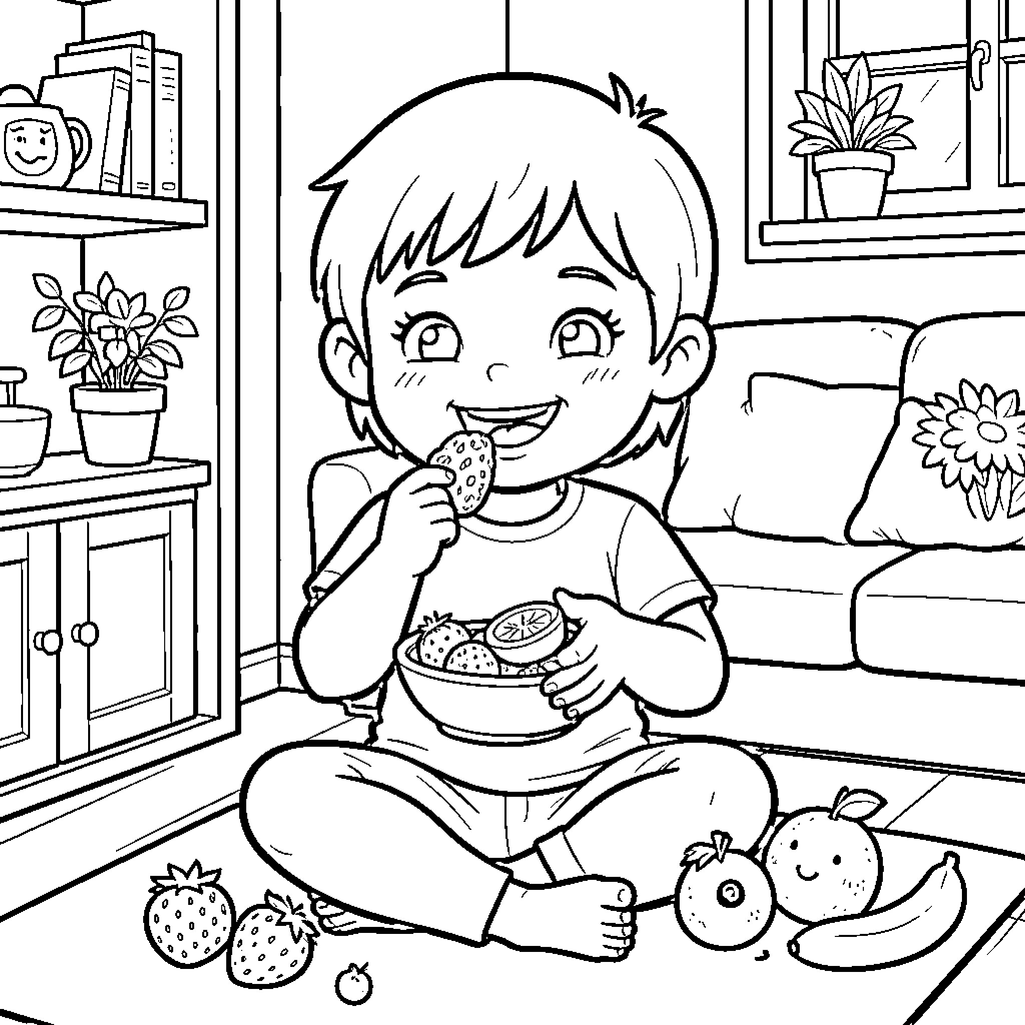 Child enjoying a snack at home Coloring Page (free black-and-white line drawing printable PDF for all, from beginners to advanced learners, including children, teens, adults, and seniors)