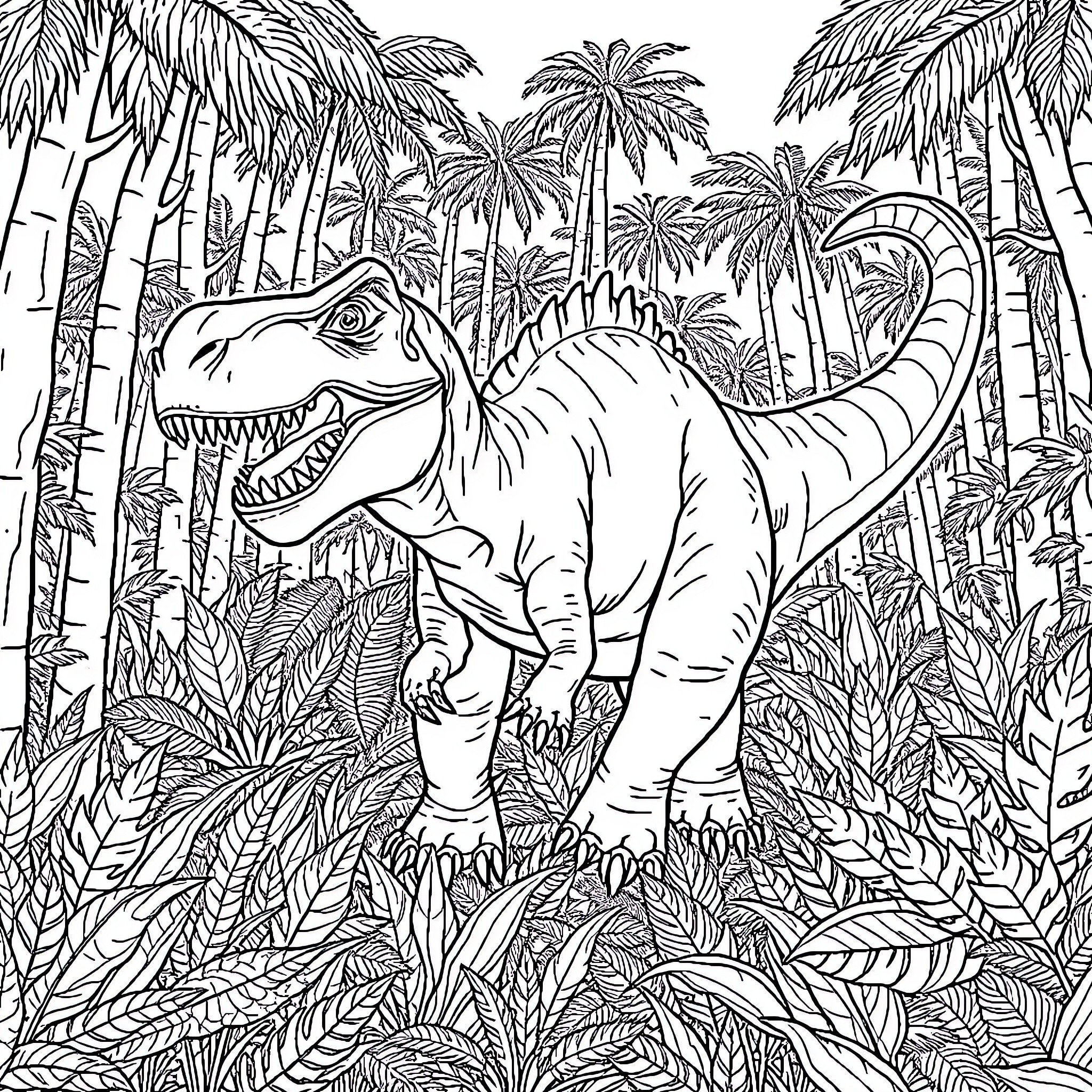 Dinosaur roaming lush tropical jungle Coloring Page (free black-and-white line drawing printable PDF for all, from beginners to advanced learners, including children, teens, adults, and seniors)