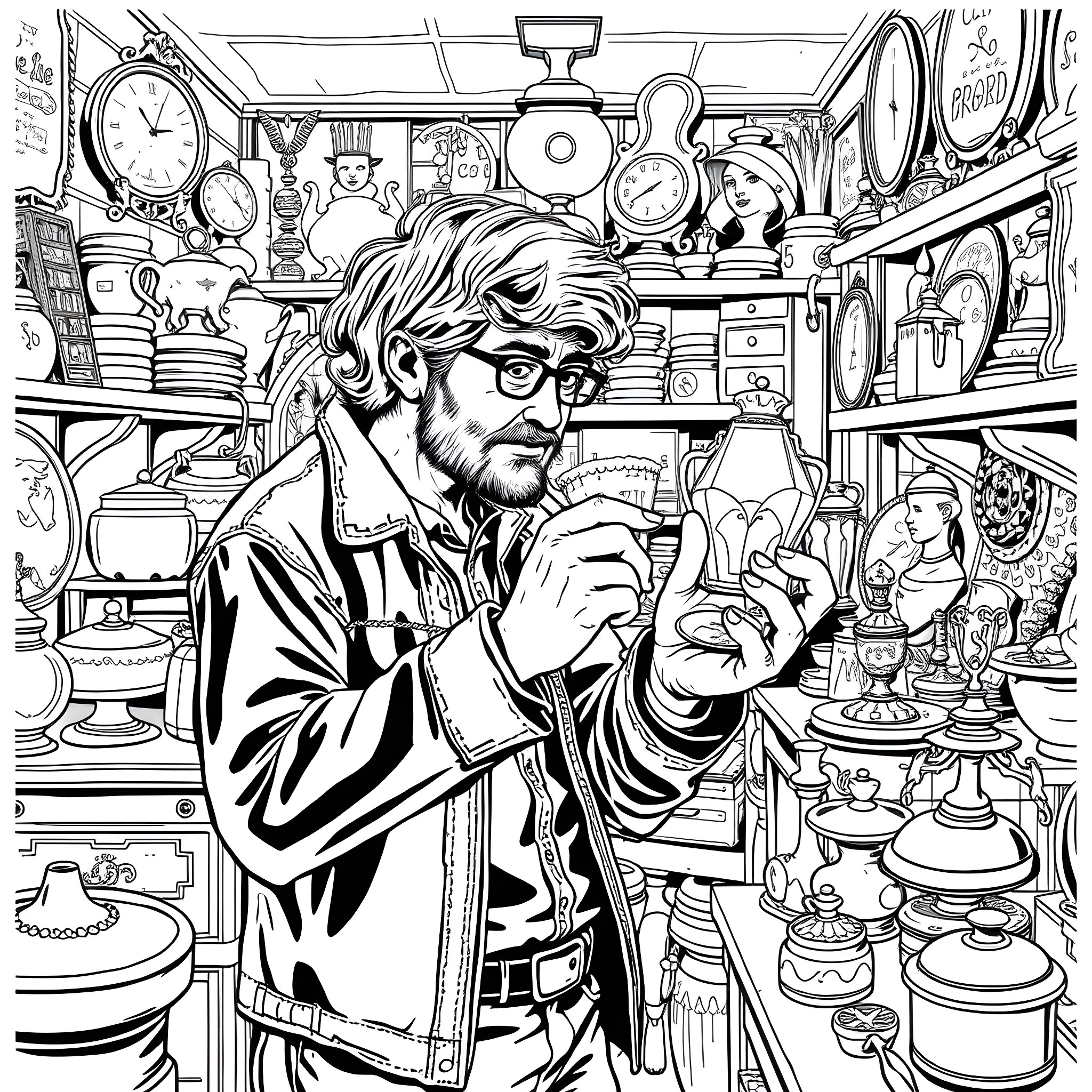 Thrifter Exploring Vintage Treasures in Crowded Antique Shop Coloring Page (free black-and-white line drawing printable PDF for all, from beginners to advanced learners, including children, teens, adults, and seniors)