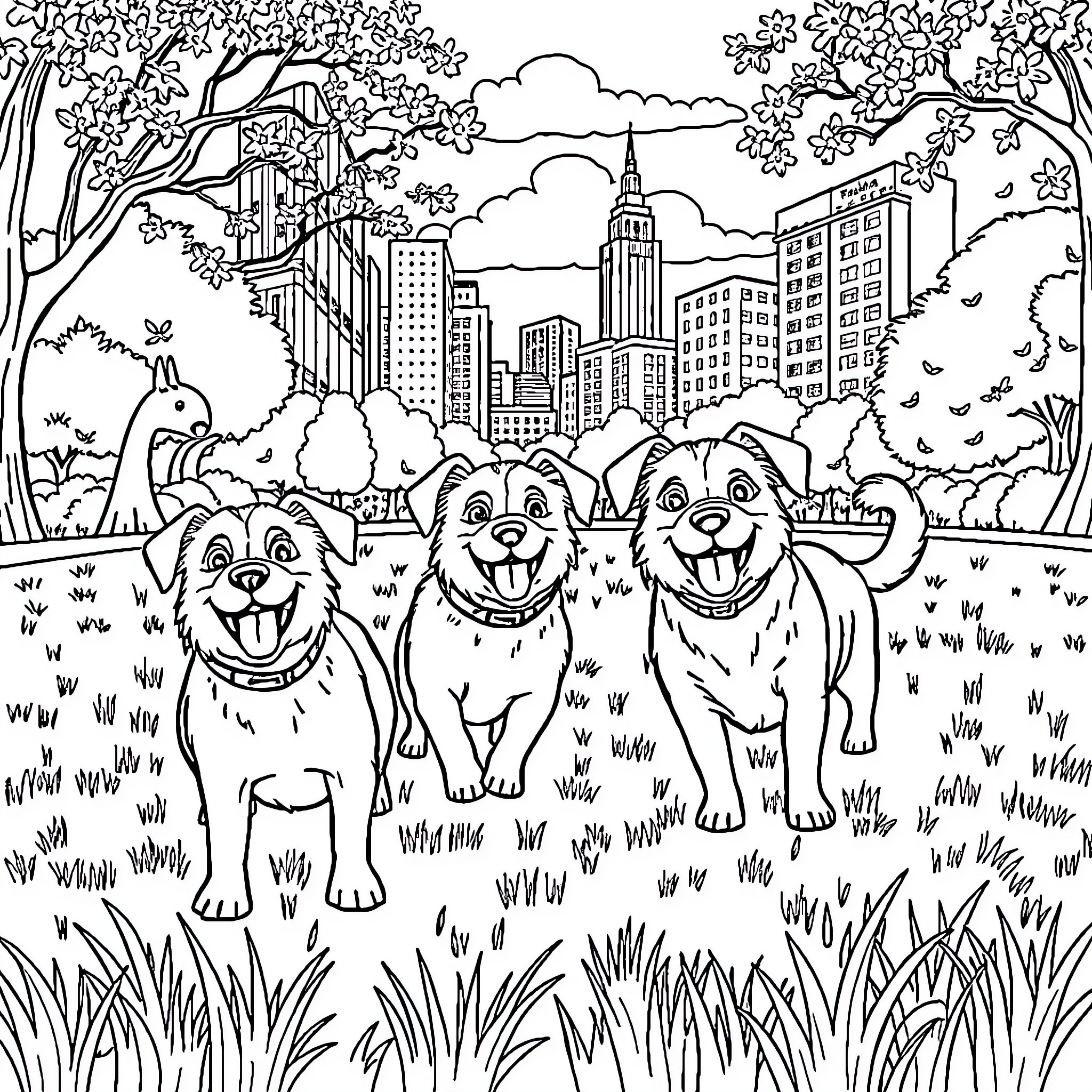 Dog Friends Playing in the City Park Coloring Page (free black-and-white line drawing printable PDF for all, from beginners to advanced learners, including children, teens, adults, and seniors)