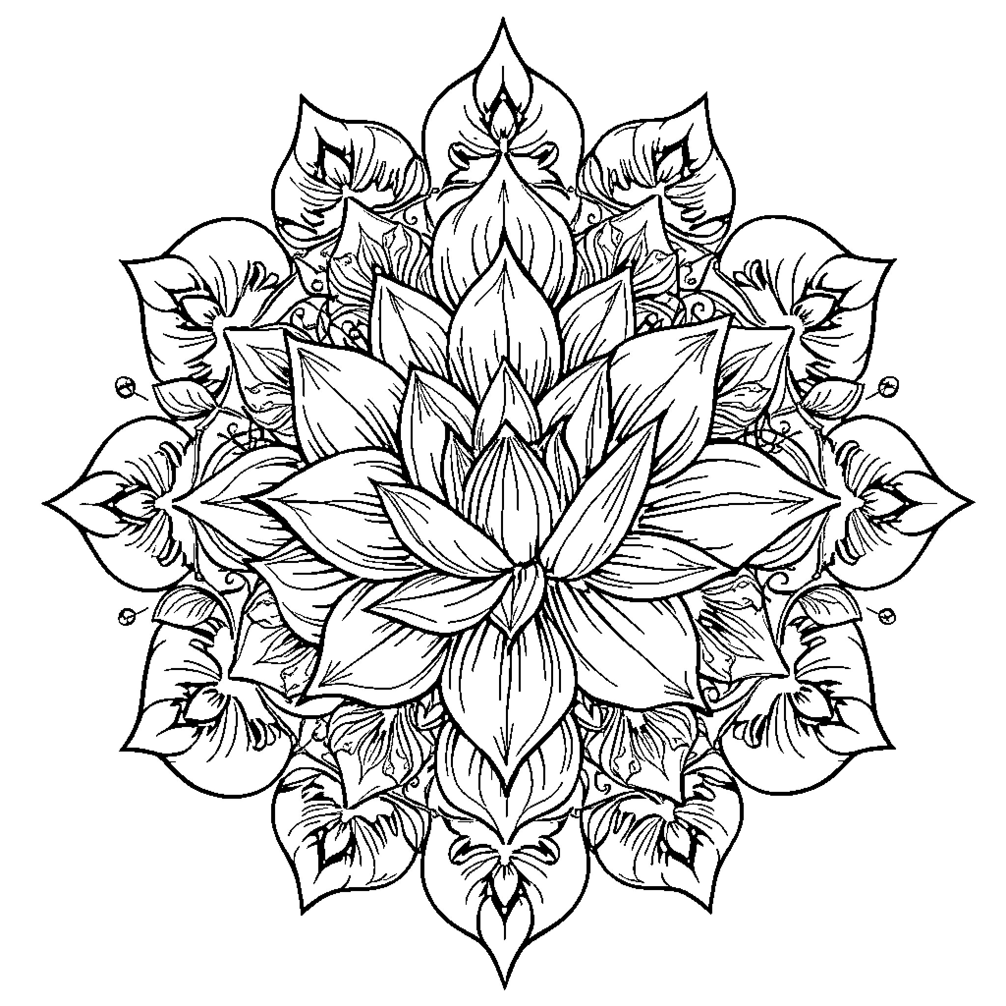 Lotus Flower Mandala Design Coloring Page (free black-and-white line drawing printable PDF for all, from beginners to advanced learners, including children, teens, adults, and seniors)