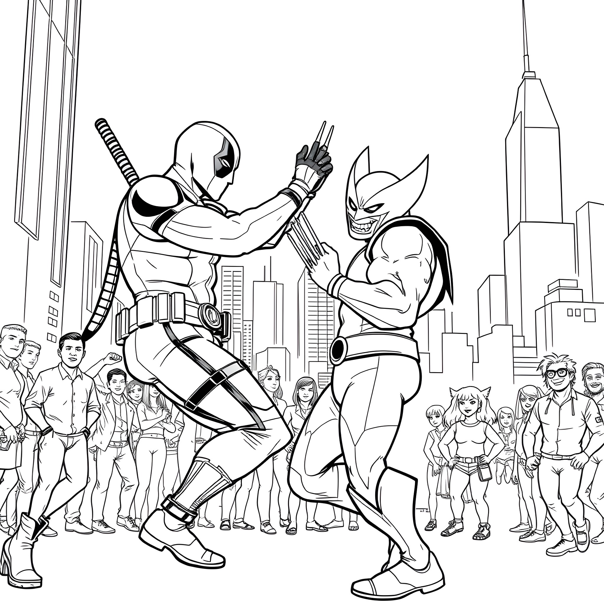 Deadpool and Wolverine in an epic showdown Coloring Page (free black-and-white line drawing printable PDF for all, from beginners to advanced learners, including children, teens, adults, and seniors)