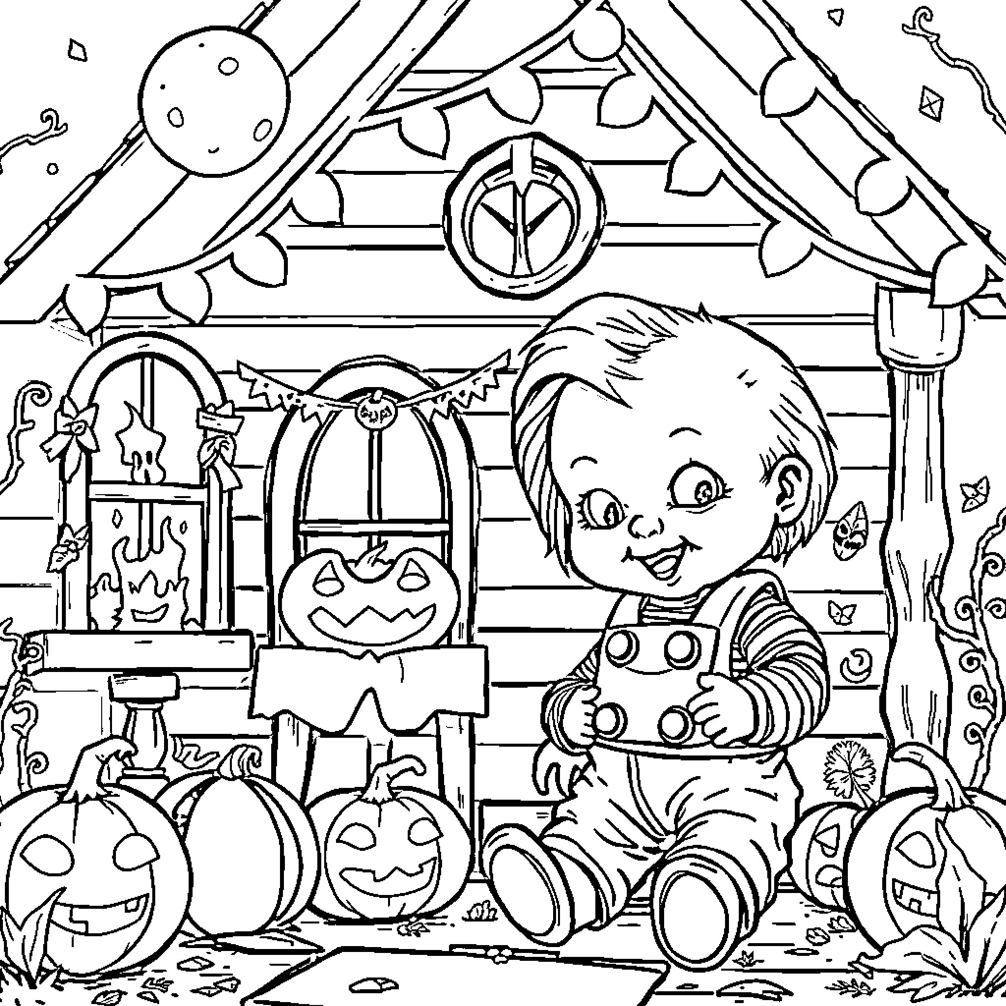 Chucky's Spooky Halloween Adventure Coloring Page (free black-and-white line drawing printable PDF for all, from beginners to advanced learners, including children, teens, adults, and seniors)