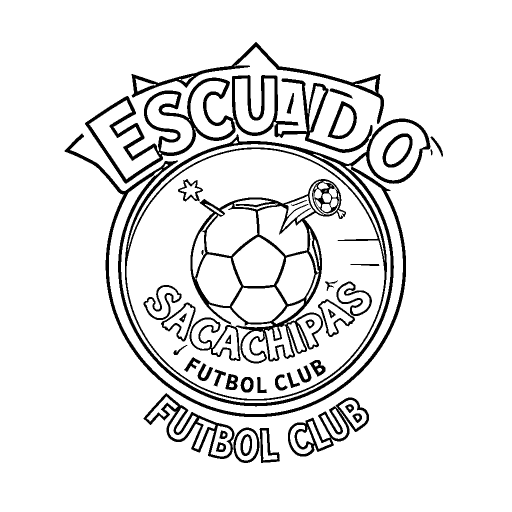 Sacachipas Futbol Club emblem with a soccer ball Coloring Page (free black-and-white line drawing printable PDF for all, from beginners to advanced learners, including children, teens, adults, and seniors)