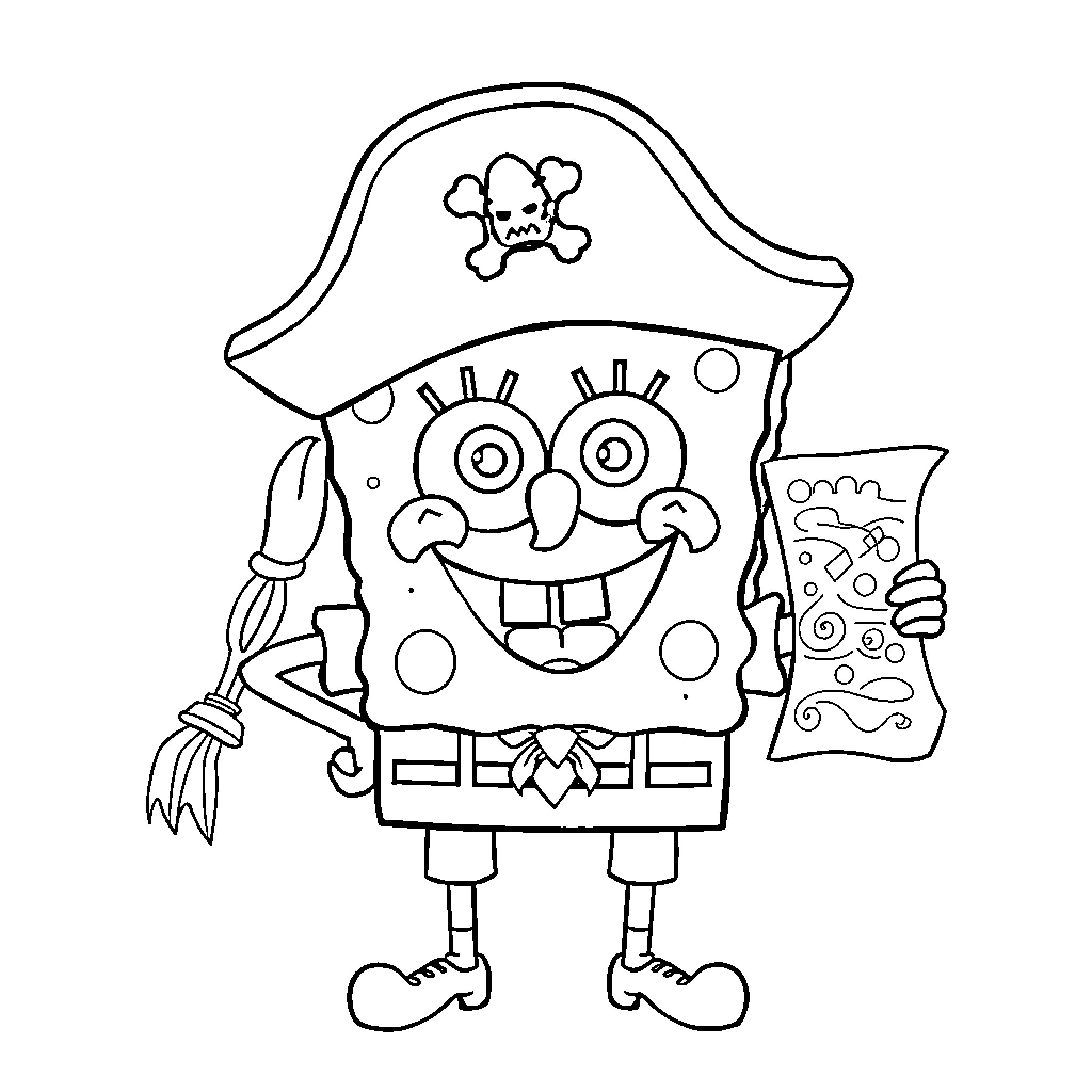 Spongebob Pirate Holding Map and Hook Coloring Page (free black-and-white line drawing printable PDF for all, from beginners to advanced learners, including children, teens, adults, and seniors)
