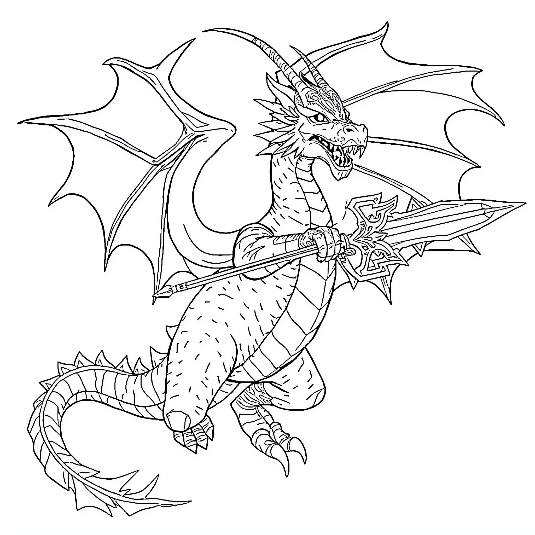 Dracaufeu wielding a powerful weapon Coloring Page (free black-and-white line drawing printable PDF for all, from beginners to advanced learners, including children, teens, adults, and seniors)
