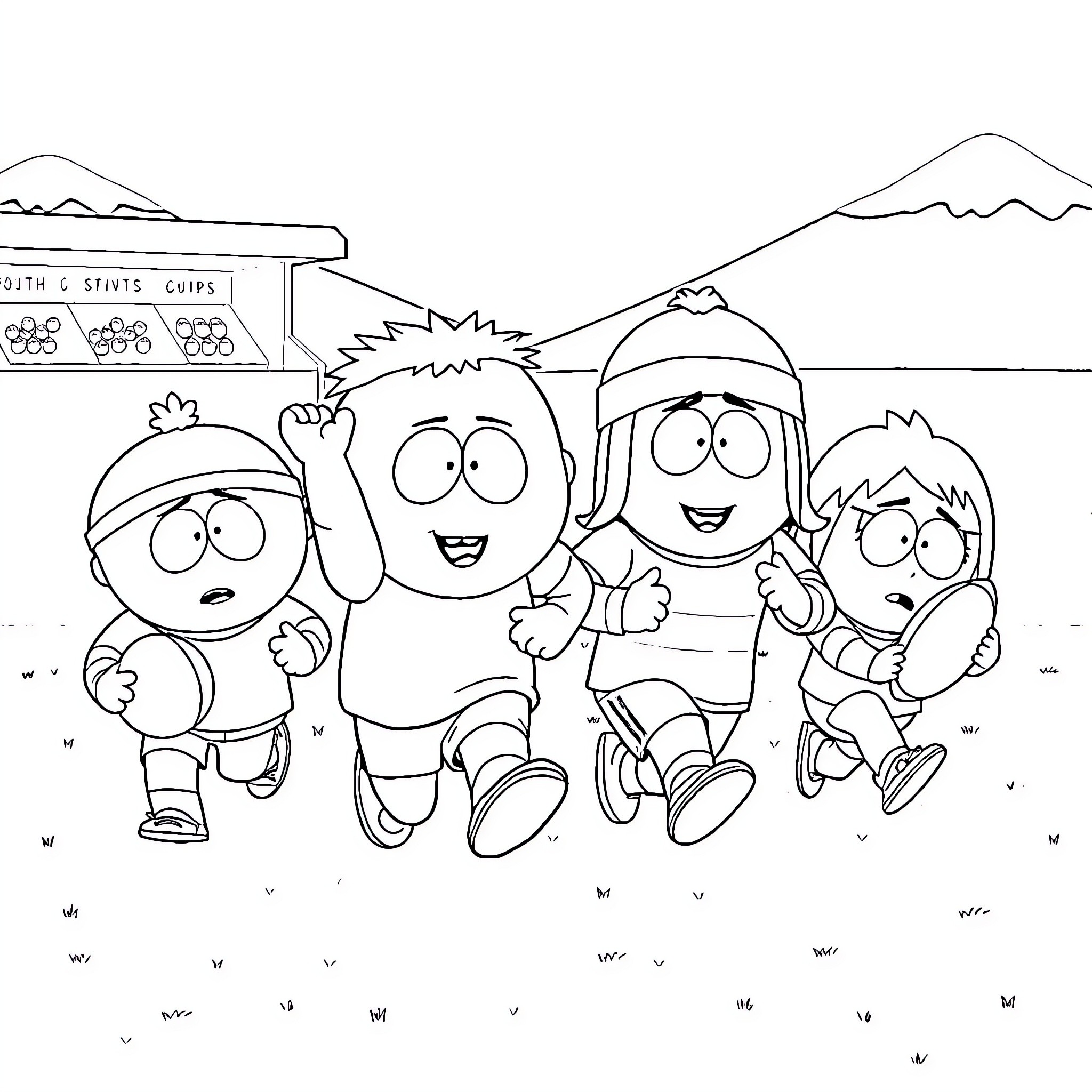 South Park Character Jumping and Playing Happily Coloring Page (free black-and-white line drawing printable PDF for all, from beginners to advanced learners, including children, teens, adults, and seniors)