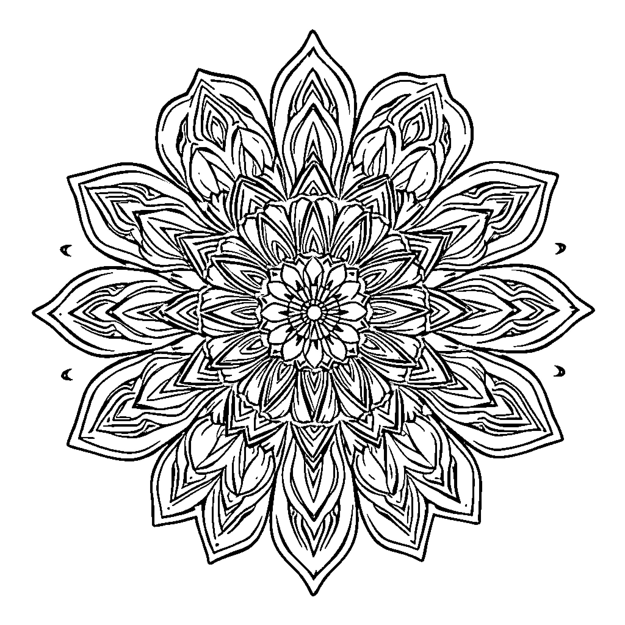 Flower mandala with intricate petals and patterns Coloring Page (free black-and-white line drawing printable PDF for all, from beginners to advanced learners, including children, teens, adults, and seniors)