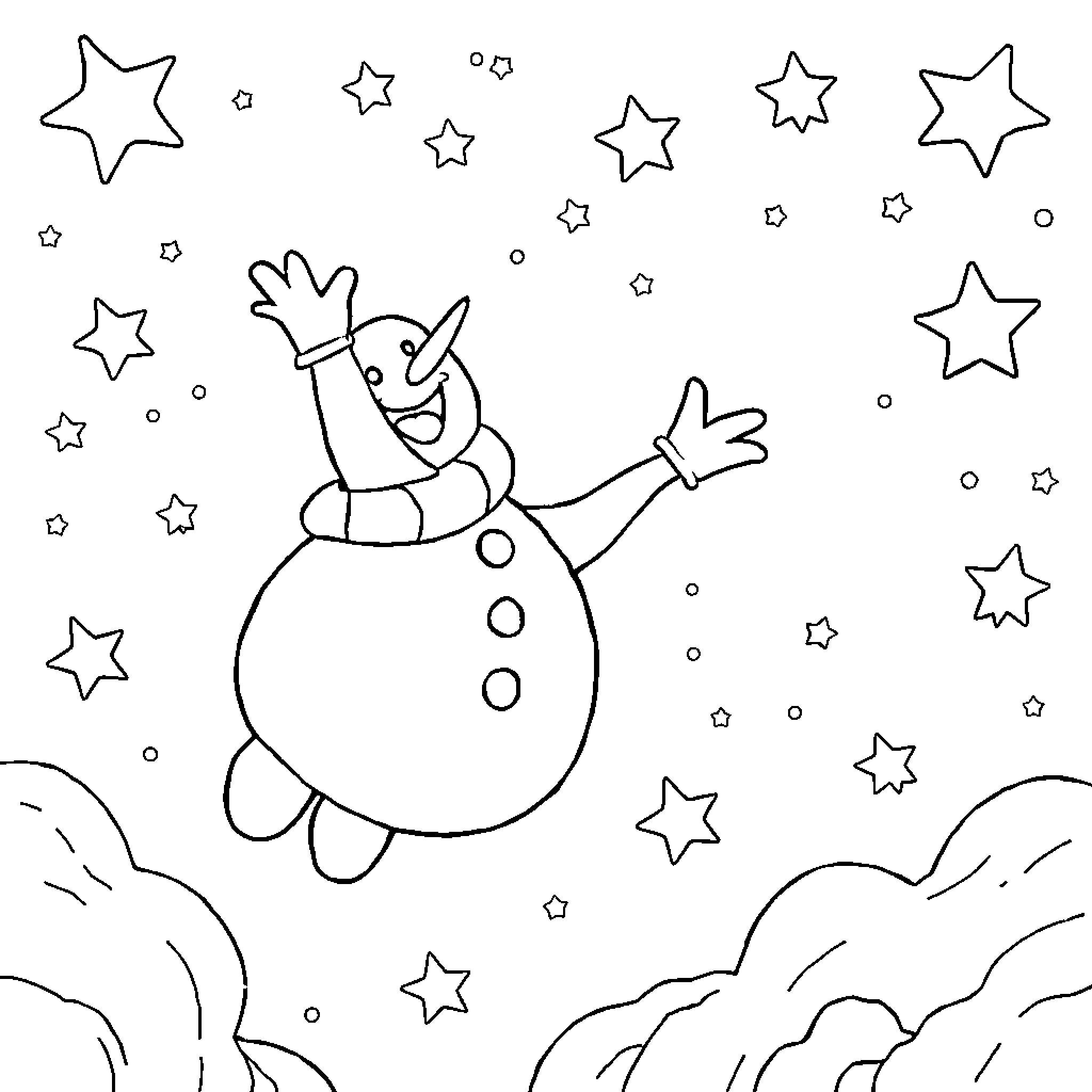 Snowman playing happily with twinkling stars Coloring Page (free black-and-white line drawing printable PDF for all, from beginners to advanced learners, including children, teens, adults, and seniors)