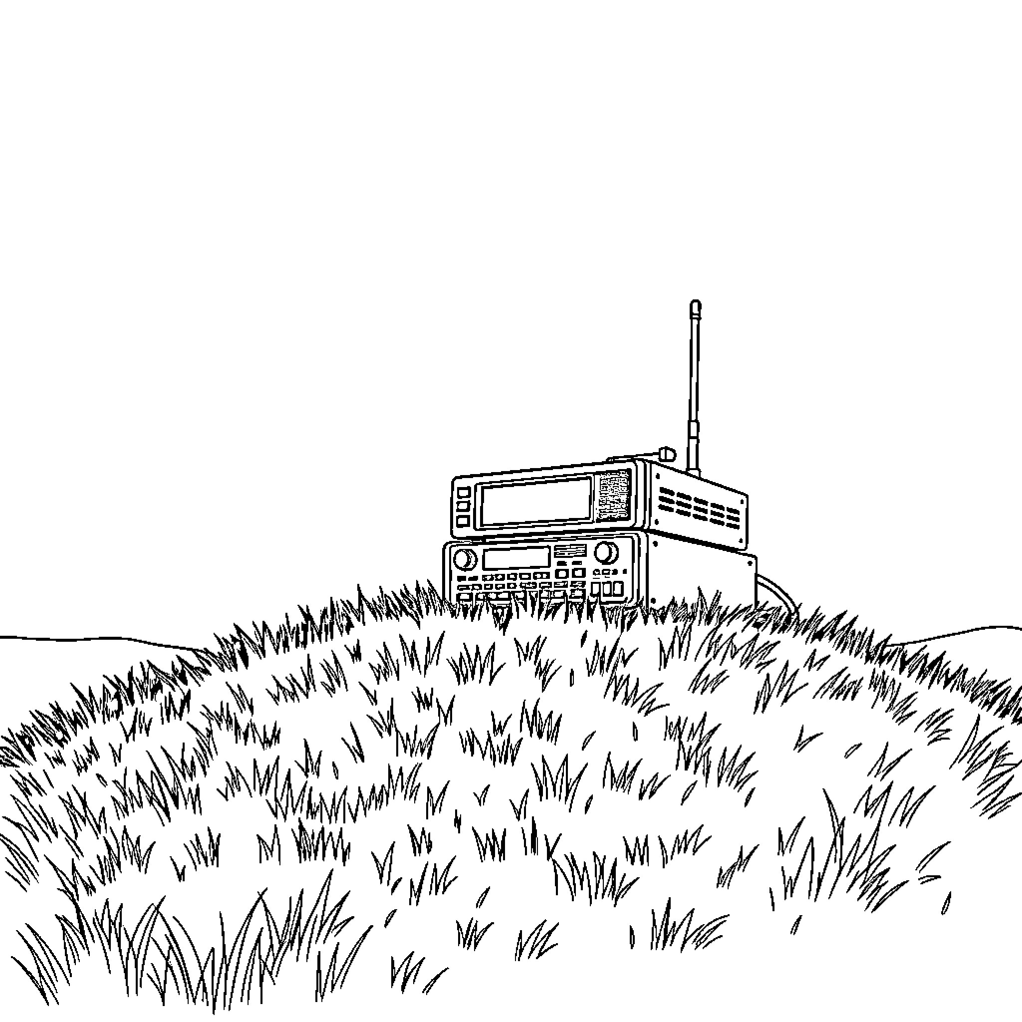 Ham Radio Operator in the Tall Grass Coloring Page (free black-and-white line drawing printable PDF for all, from beginners to advanced learners, including children, teens, adults, and seniors)