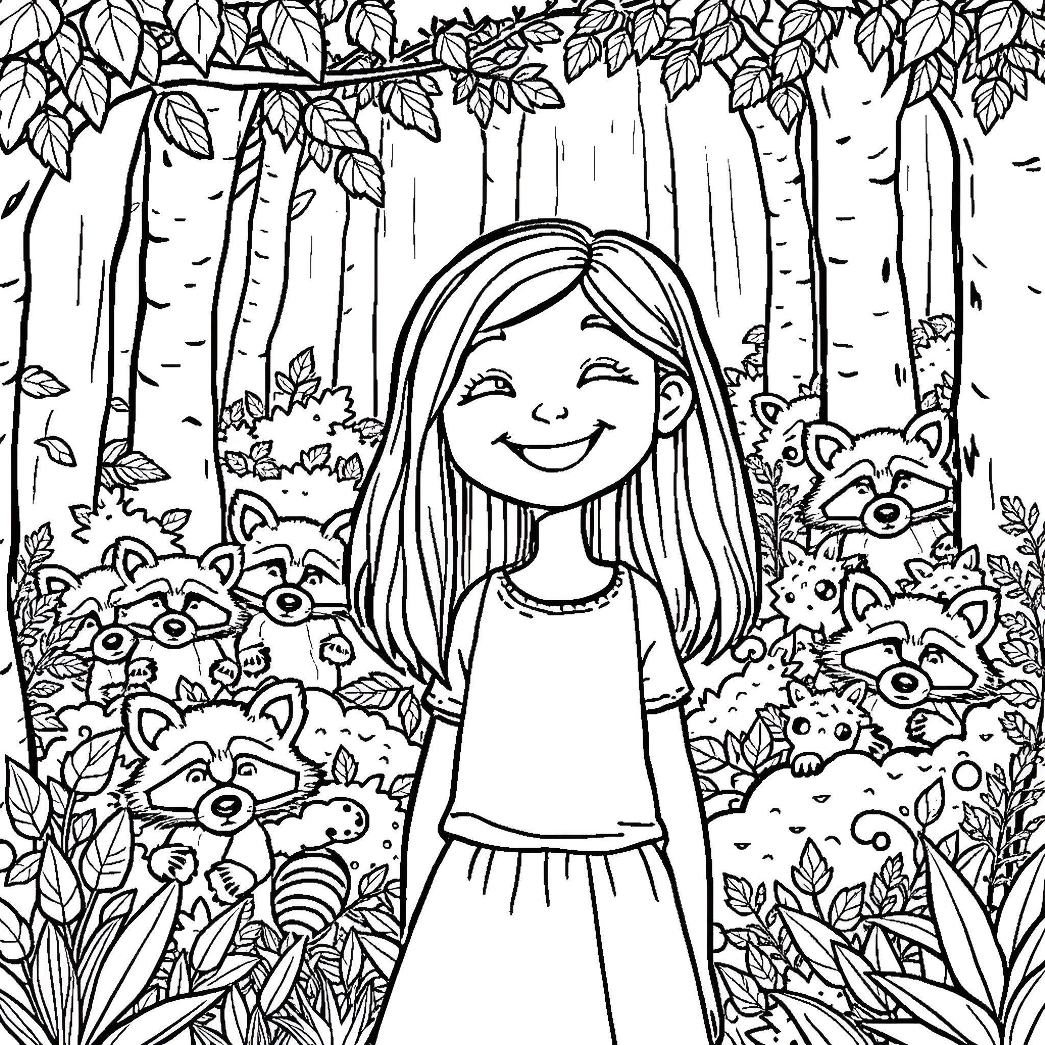 Girl enjoying the nature with woodland creatures Coloring Page (free black-and-white line drawing printable PDF for all, from beginners to advanced learners, including children, teens, adults, and seniors)