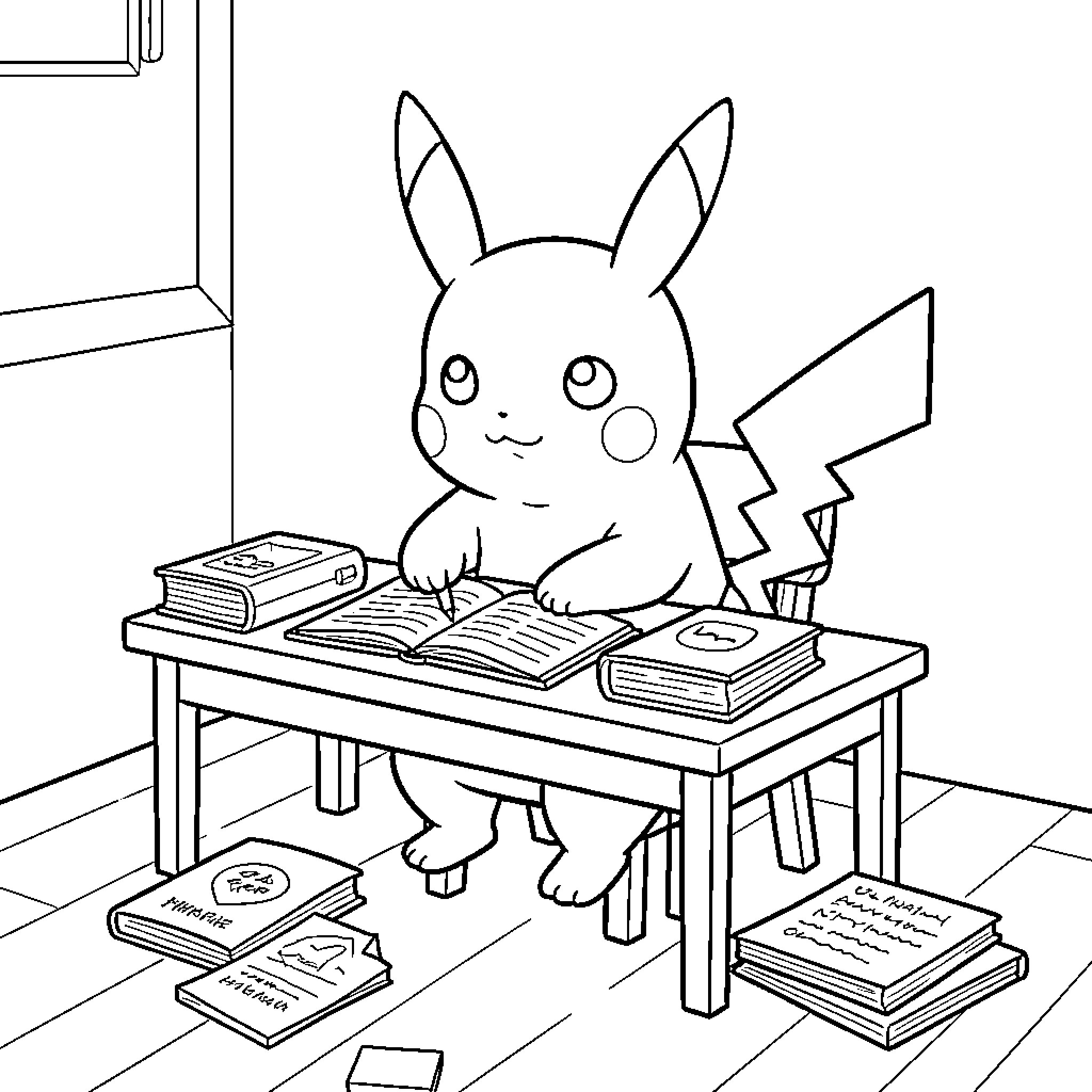 Pikachu studying diligently with books and supplies Coloring Page (free black-and-white line drawing printable PDF for all, from beginners to advanced learners, including children, teens, adults, and seniors)