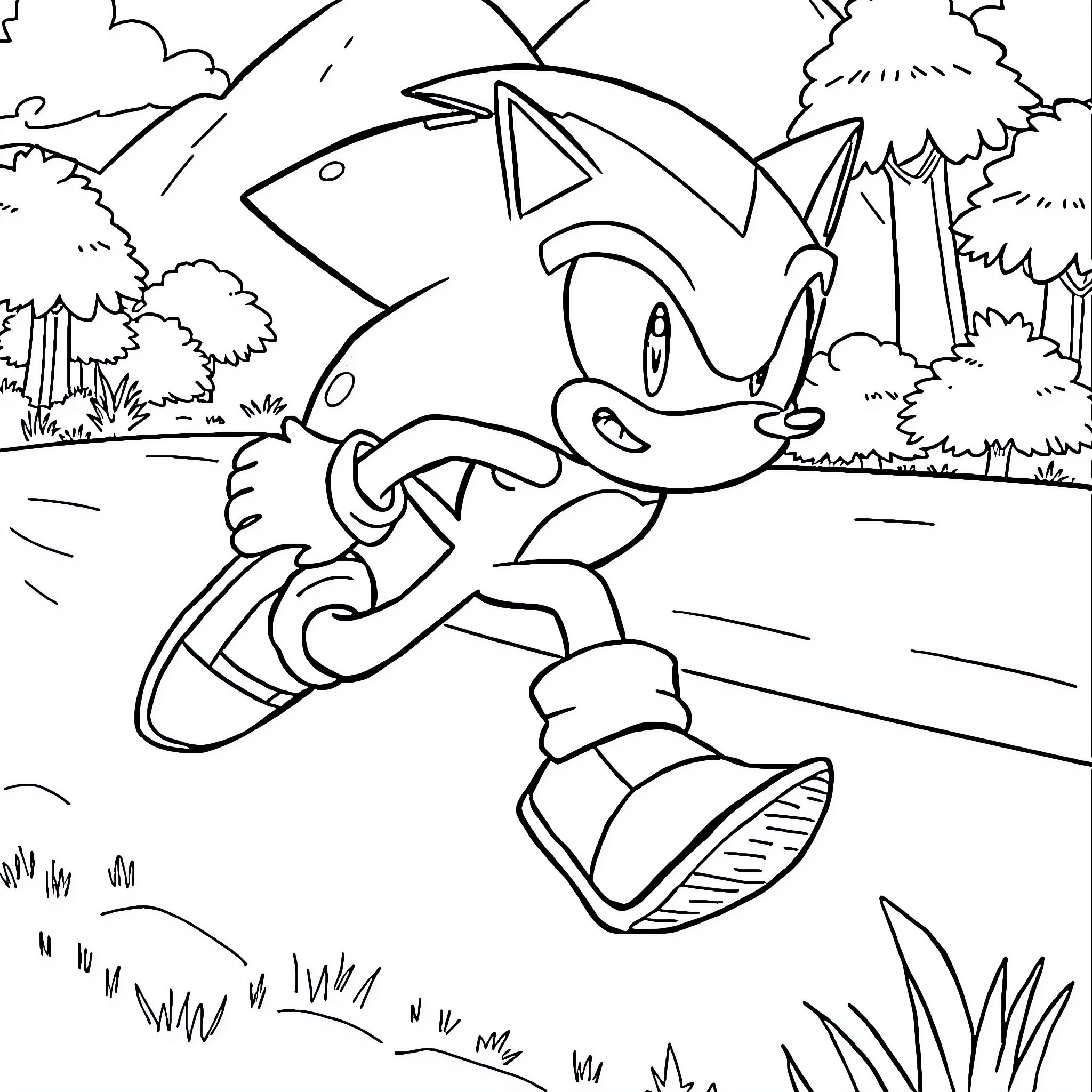 Shadow of a Speedy Character in the Outdoors Coloring Page (free black-and-white line drawing printable PDF for all, from beginners to advanced learners, including children, teens, adults, and seniors)