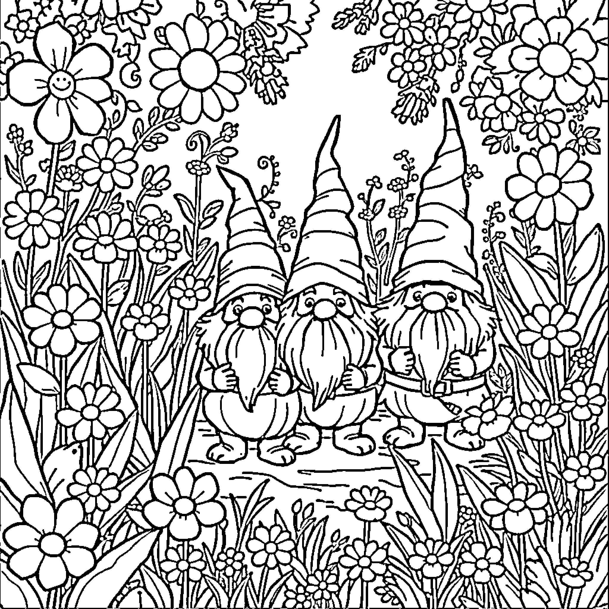 Gnome friends exploring a floral wonderland Coloring Page (free black-and-white line drawing printable PDF for all, from beginners to advanced learners, including children, teens, adults, and seniors)
