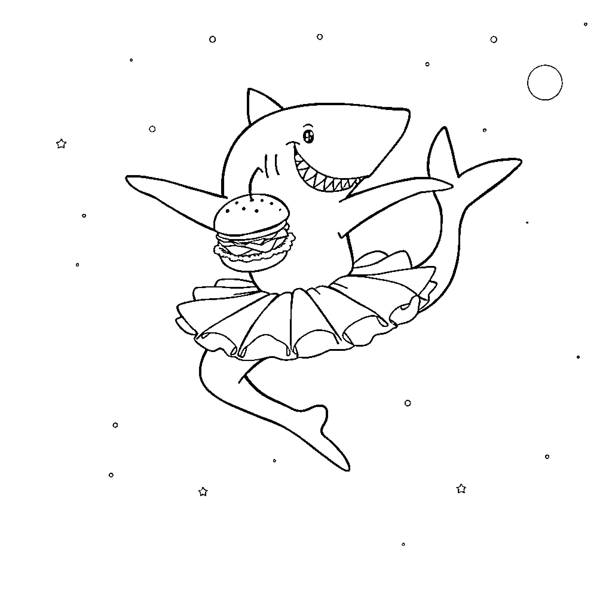 Shark joyfully dancing with a hamburger Coloring Page (free black-and-white line drawing printable PDF for all, from beginners to advanced learners, including children, teens, adults, and seniors)