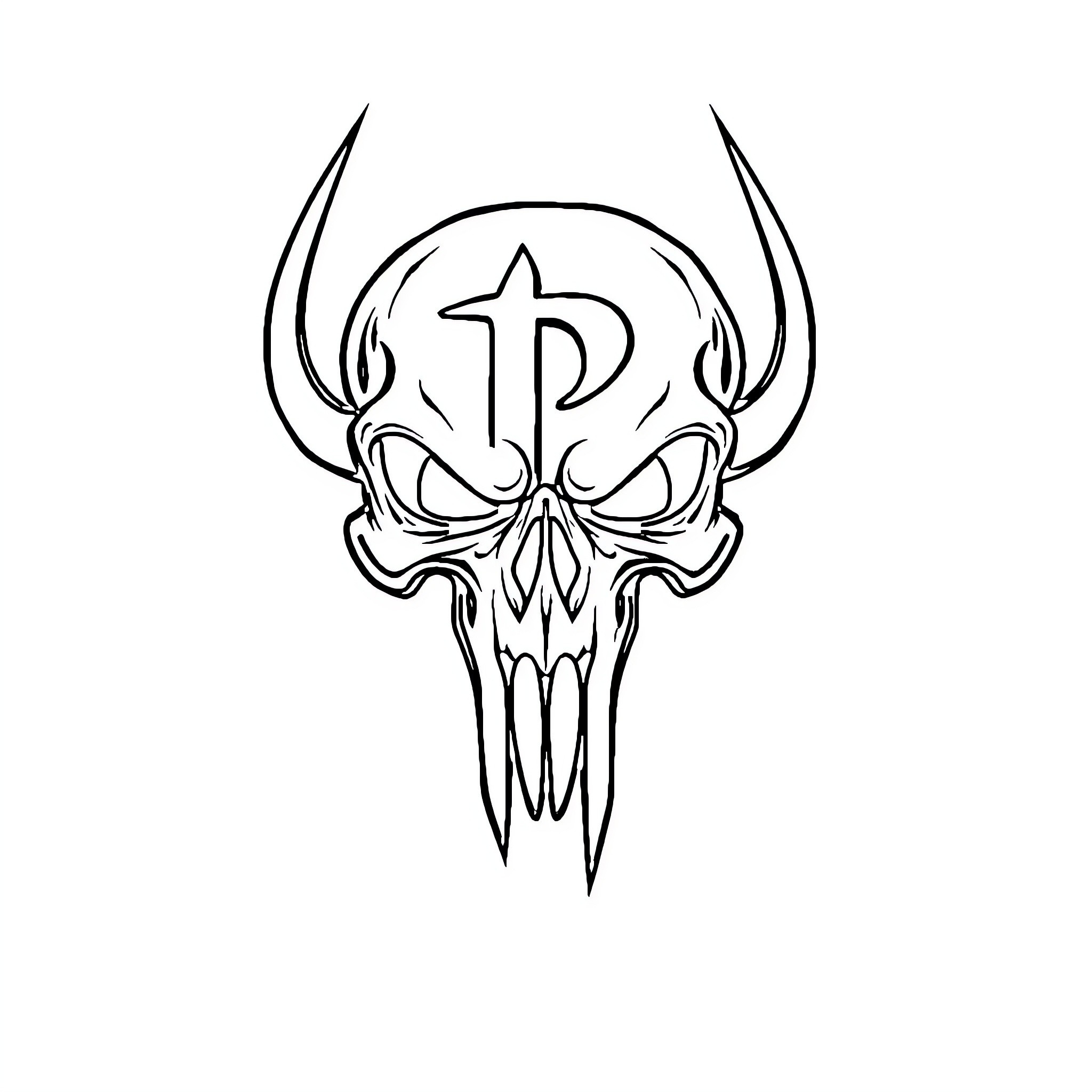 Skull with Demonic Horns and Stylized Cross Coloring Page (free black-and-white line drawing printable PDF for all, from beginners to advanced learners, including children, teens, adults, and seniors)