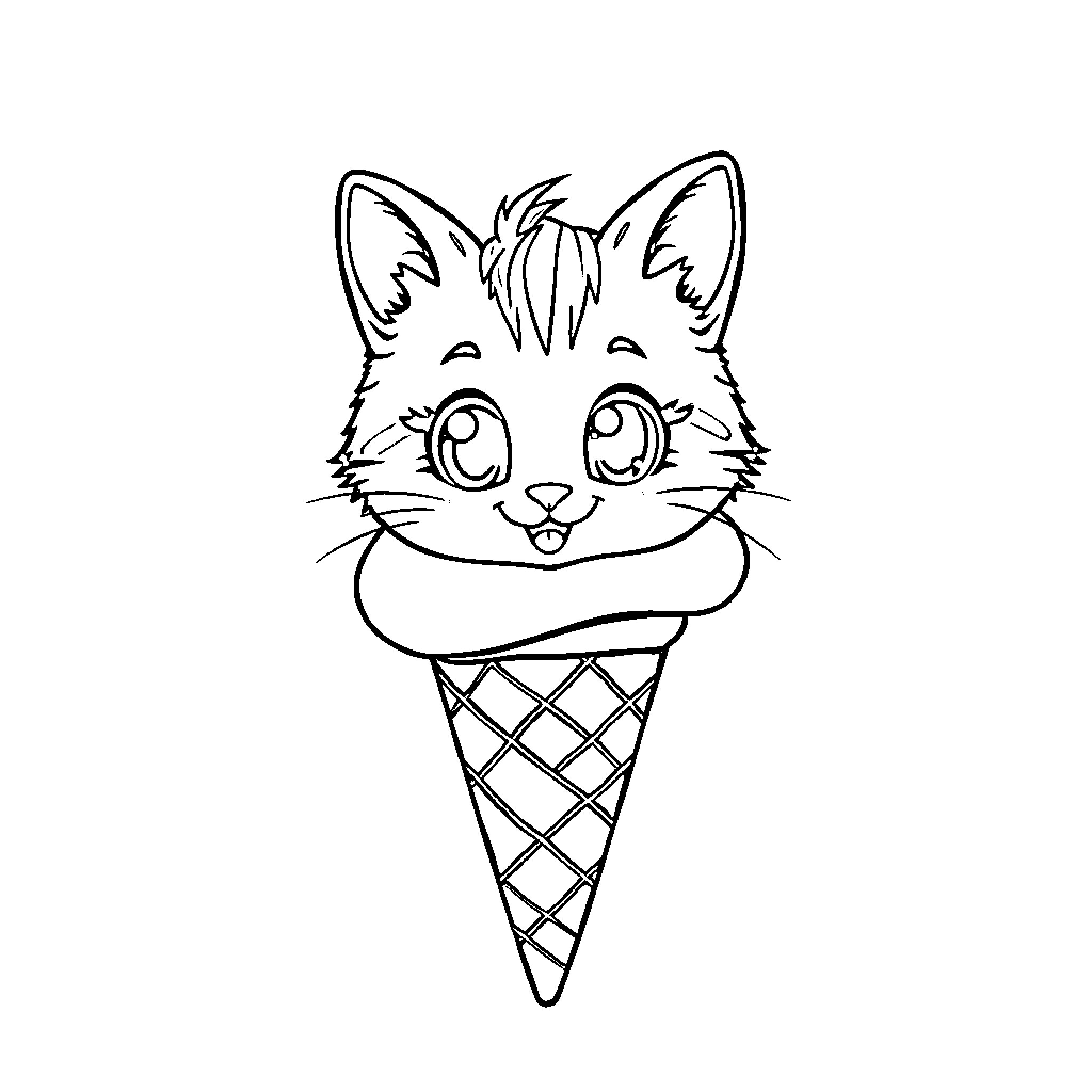 Kitten enjoying ice cream cone Coloring Page (free black-and-white line drawing printable PDF for all, from beginners to advanced learners, including children, teens, adults, and seniors)