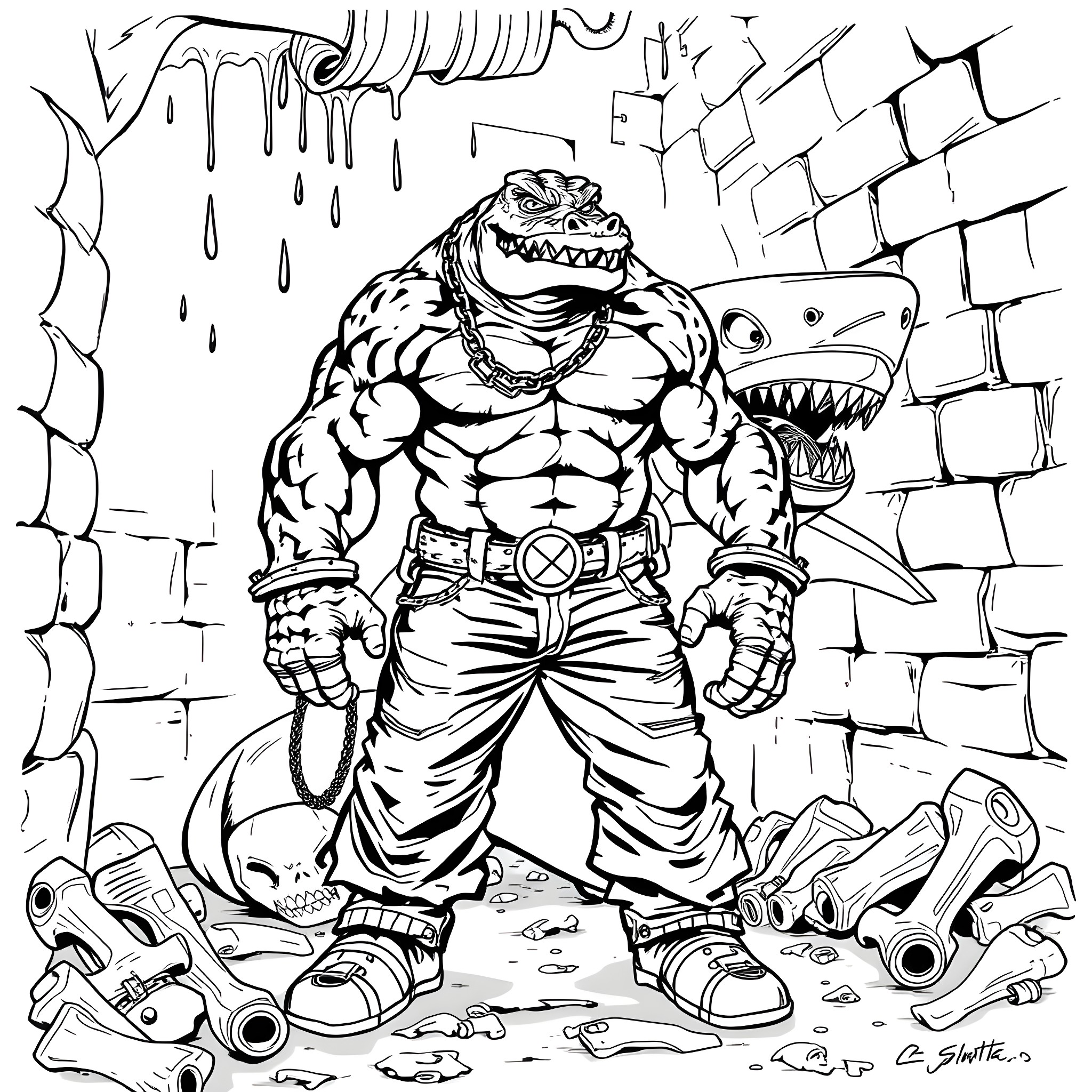 Killer Croc in a Destructive Rampage Coloring Page (free black-and-white line drawing printable PDF for all, from beginners to advanced learners, including children, teens, adults, and seniors)