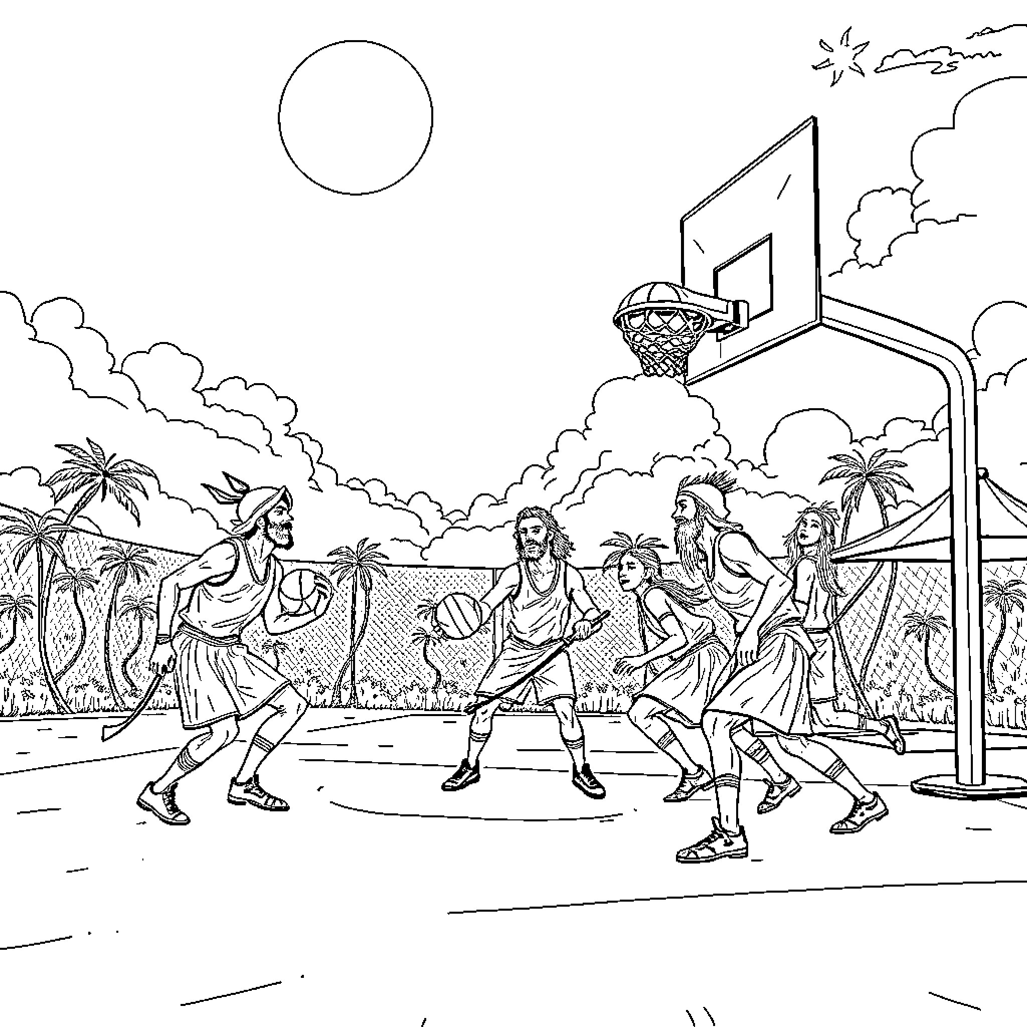 Saja Boys Enjoying Spirited Basketball Game Outdoors Coloring Page (free black-and-white line drawing printable PDF for all, from beginners to advanced learners, including children, teens, adults, and seniors)