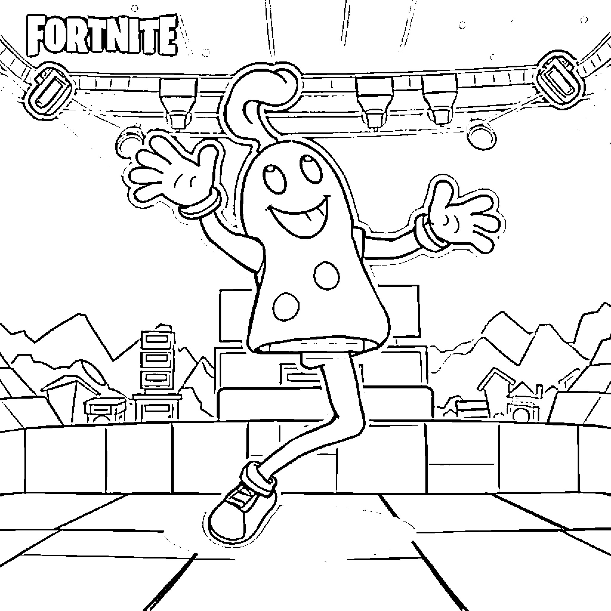 Peely character happily posing in Fortnite scene Coloring Page (free black-and-white line drawing printable PDF for all, from beginners to advanced learners, including children, teens, adults, and seniors)