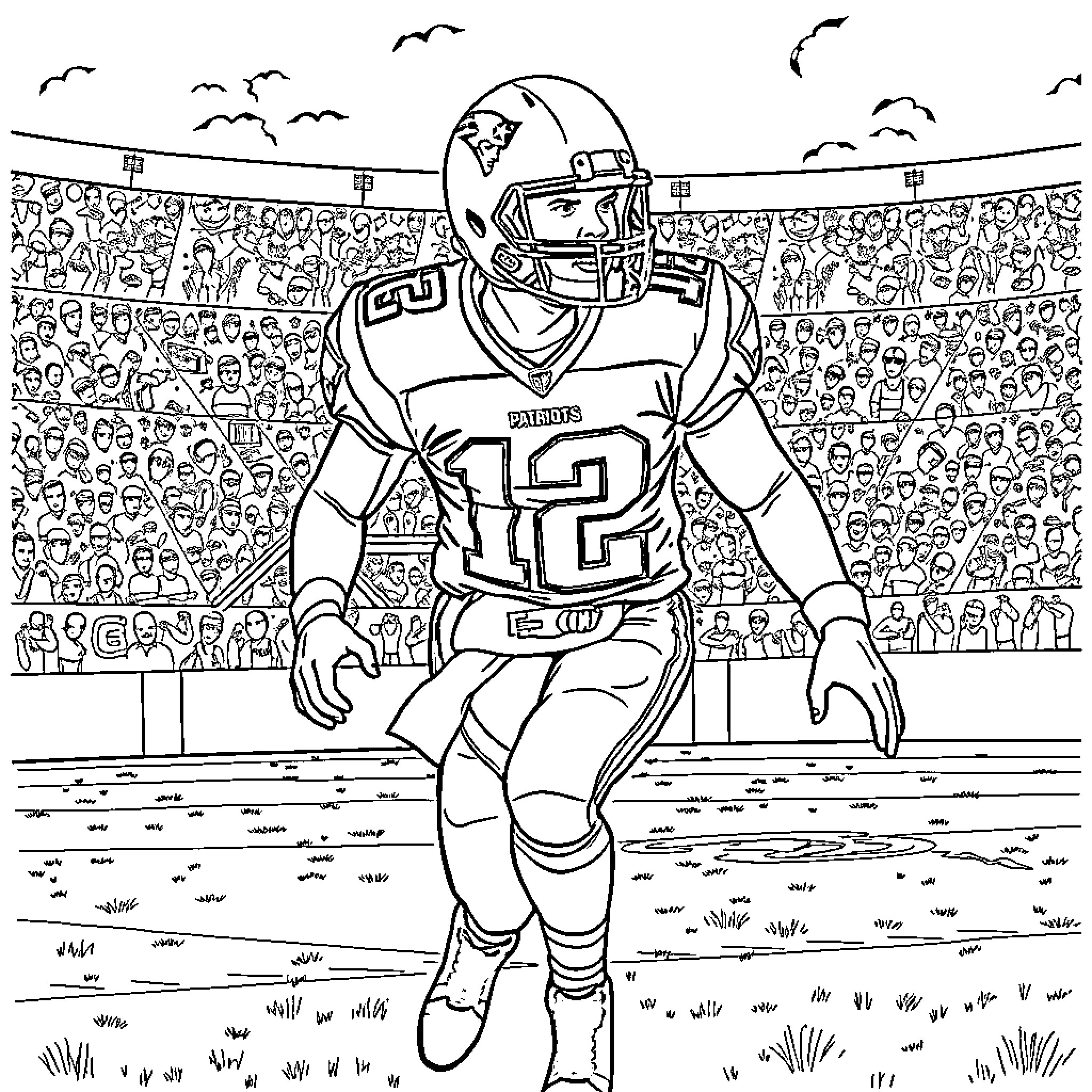Patriots football player in action on the field Coloring Page (free black-and-white line drawing printable PDF for all, from beginners to advanced learners, including children, teens, adults, and seniors)