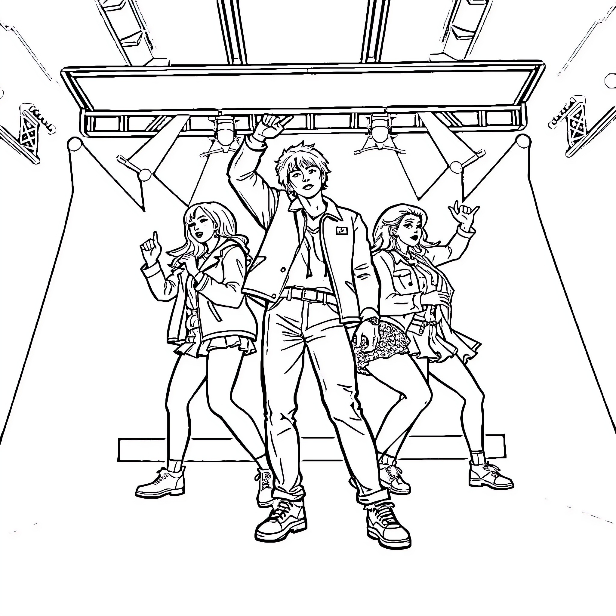 K Pop Performers Rocking the Stage Coloring Page (free black-and-white line drawing printable PDF for all, from beginners to advanced learners, including children, teens, adults, and seniors)