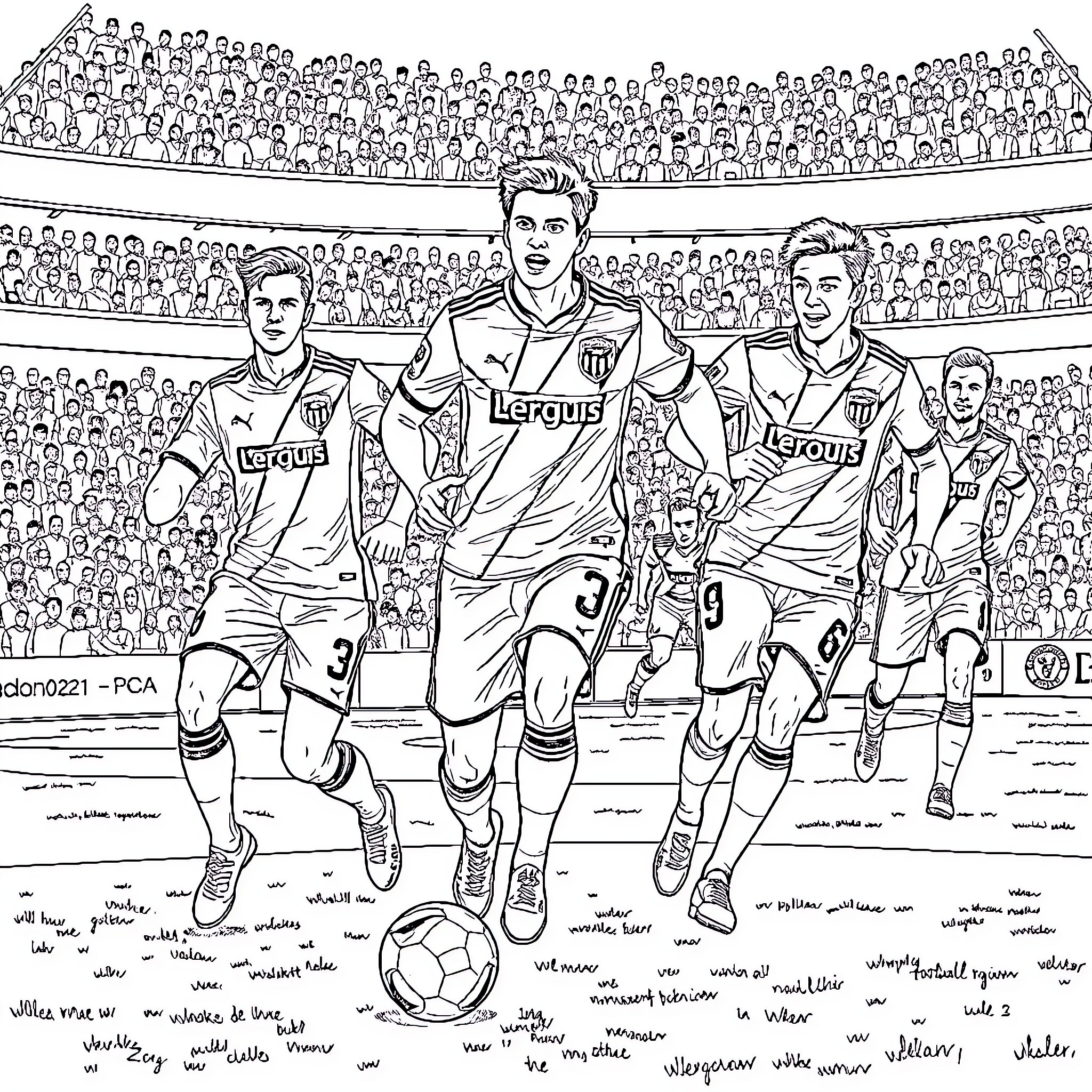 Olympique Lyonnaise Players in Action on the Pitch Coloring Page (free black-and-white line drawing printable PDF for all, from beginners to advanced learners, including children, teens, adults, and seniors)