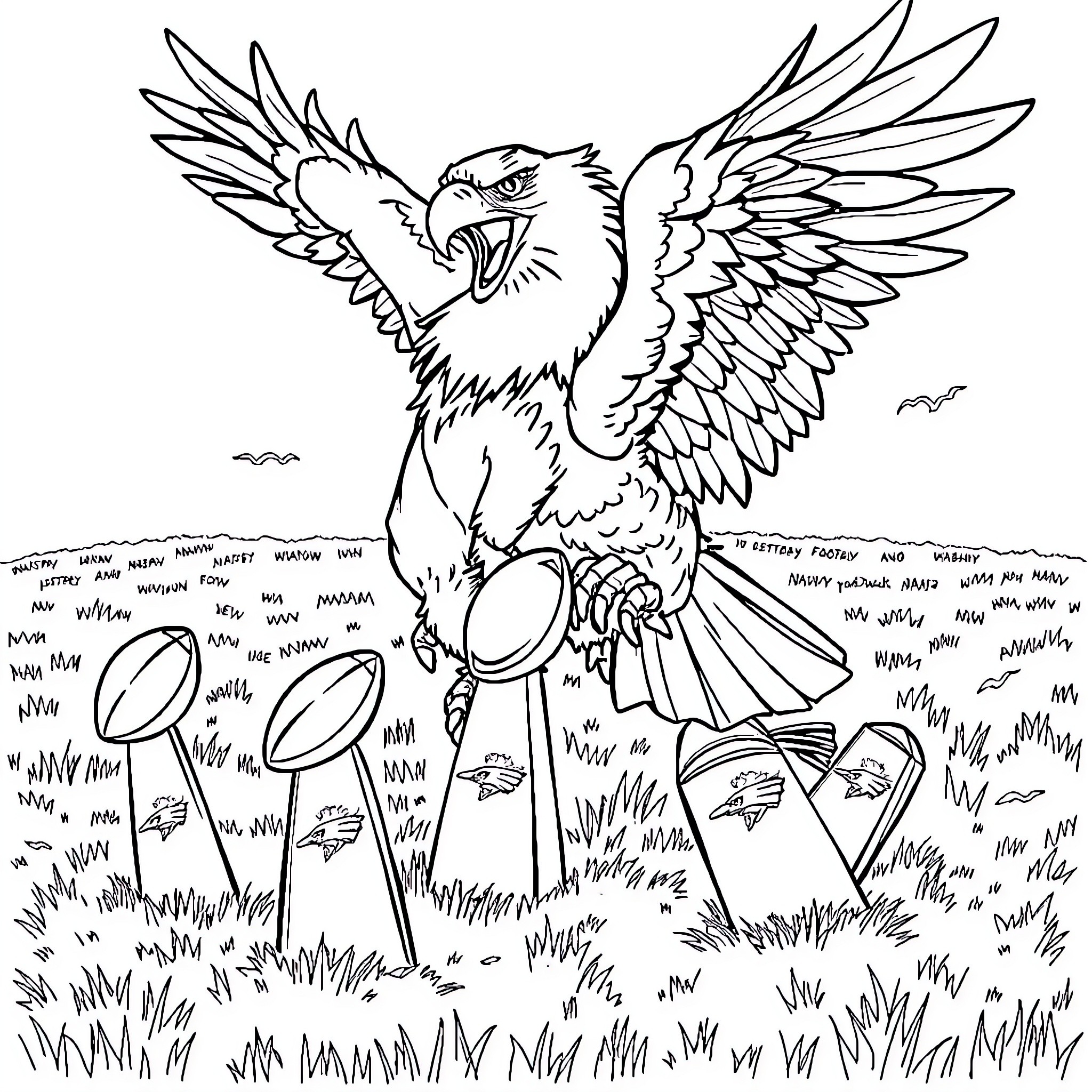 Eagle soaring with spread wings in a scenic outdoor setting Coloring Page (free black-and-white line drawing printable PDF for all, from beginners to advanced learners, including children, teens, adults, and seniors)