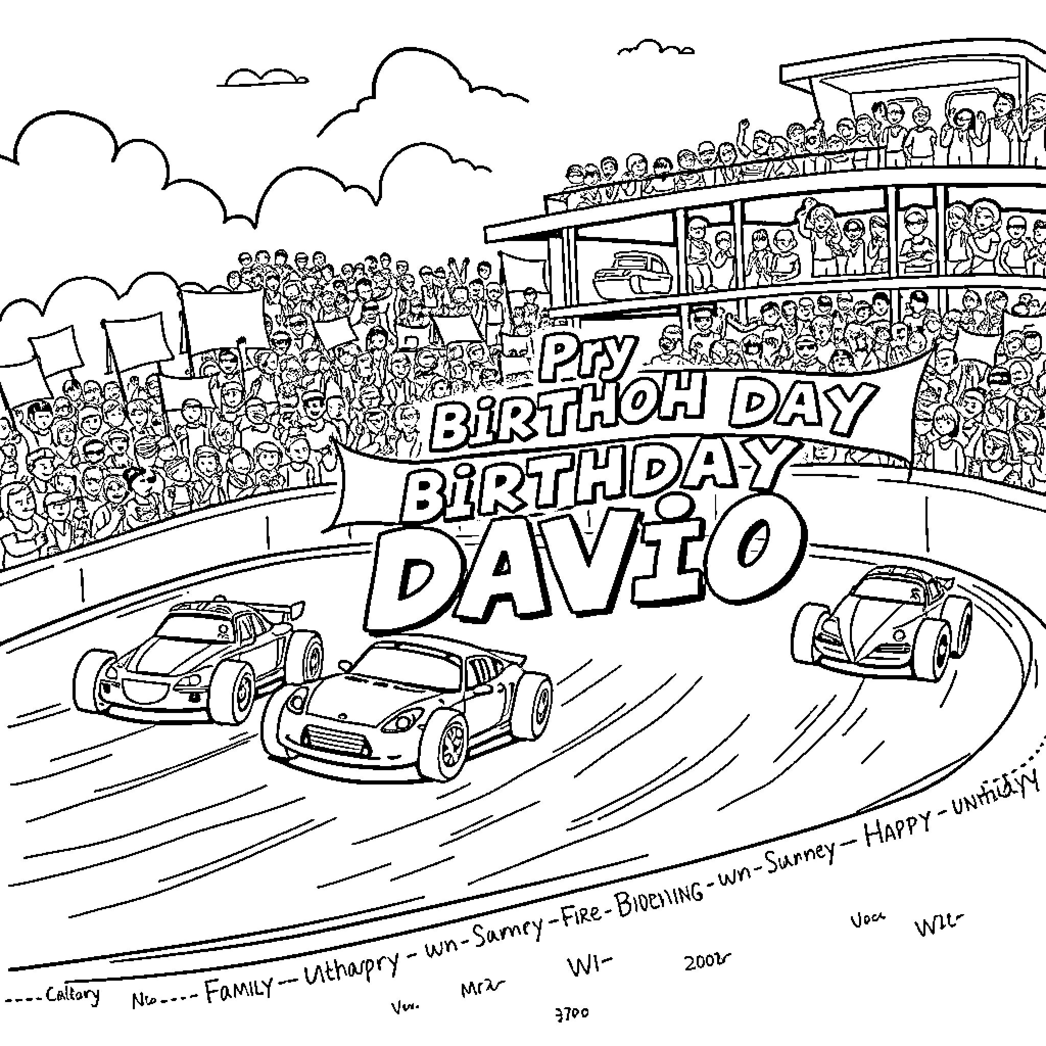 Race Car Celebration for Birthday Davio Coloring Page (free black-and-white line drawing printable PDF for all, from beginners to advanced learners, including children, teens, adults, and seniors)