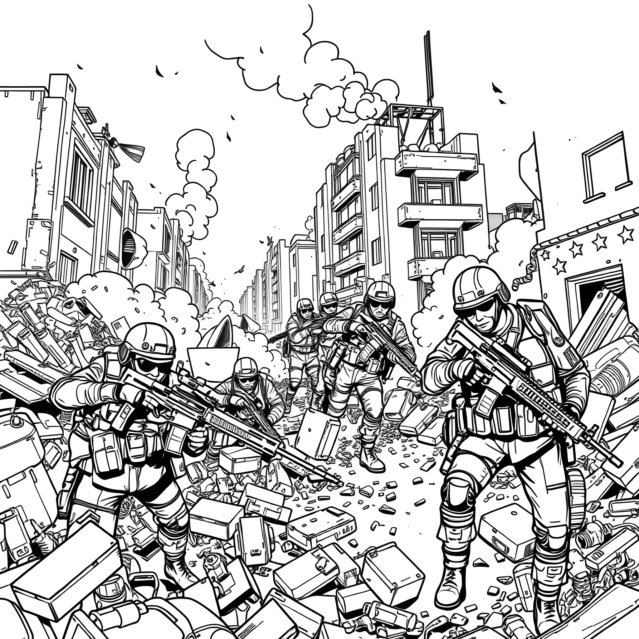Call of Duty: Urban Warfare Chaos Coloring Page (free black-and-white line drawing printable PDF for all, from beginners to advanced learners, including children, teens, adults, and seniors)