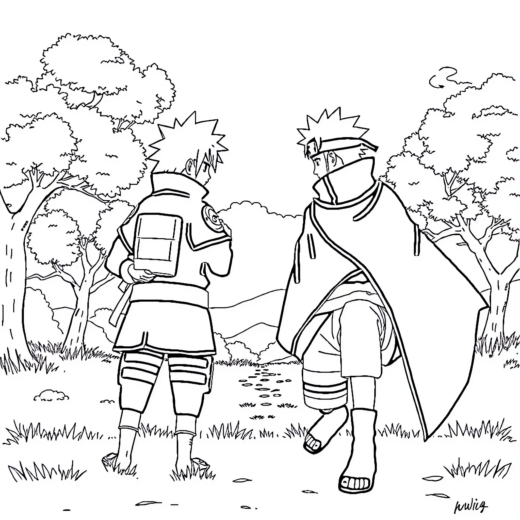 Itachi and Naruto in the Forested Landscape Coloring Page (free black-and-white line drawing printable PDF for all, from beginners to advanced learners, including children, teens, adults, and seniors)