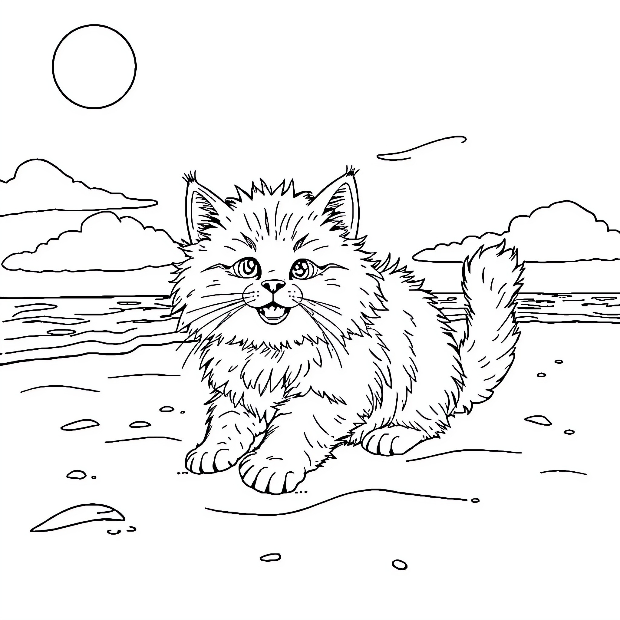 Cat Enjoying the Outdoors Coloring Page (free black-and-white line drawing printable PDF for all, from beginners to advanced learners, including children, teens, adults, and seniors)