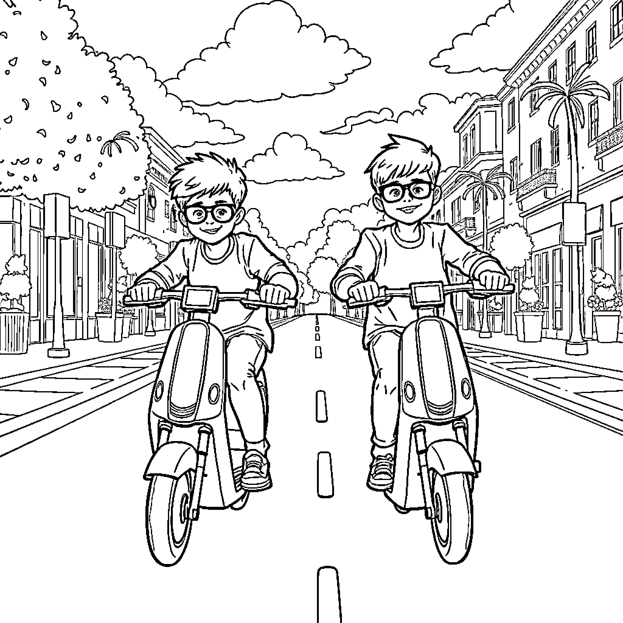 Boys riding scooters down a city street Coloring Page (free black-and-white line drawing printable PDF for all, from beginners to advanced learners, including children, teens, adults, and seniors)