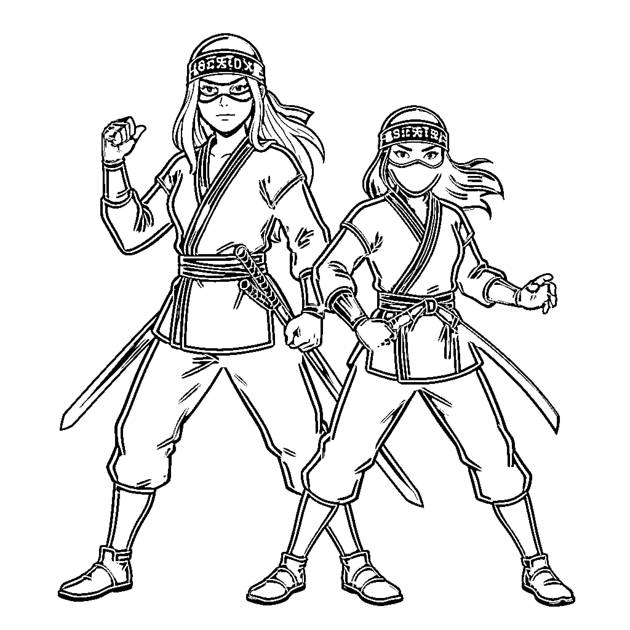 Fille ninjas posing with weapons Coloring Page (free black-and-white line drawing printable PDF for all, from beginners to advanced learners, including children, teens, adults, and seniors)