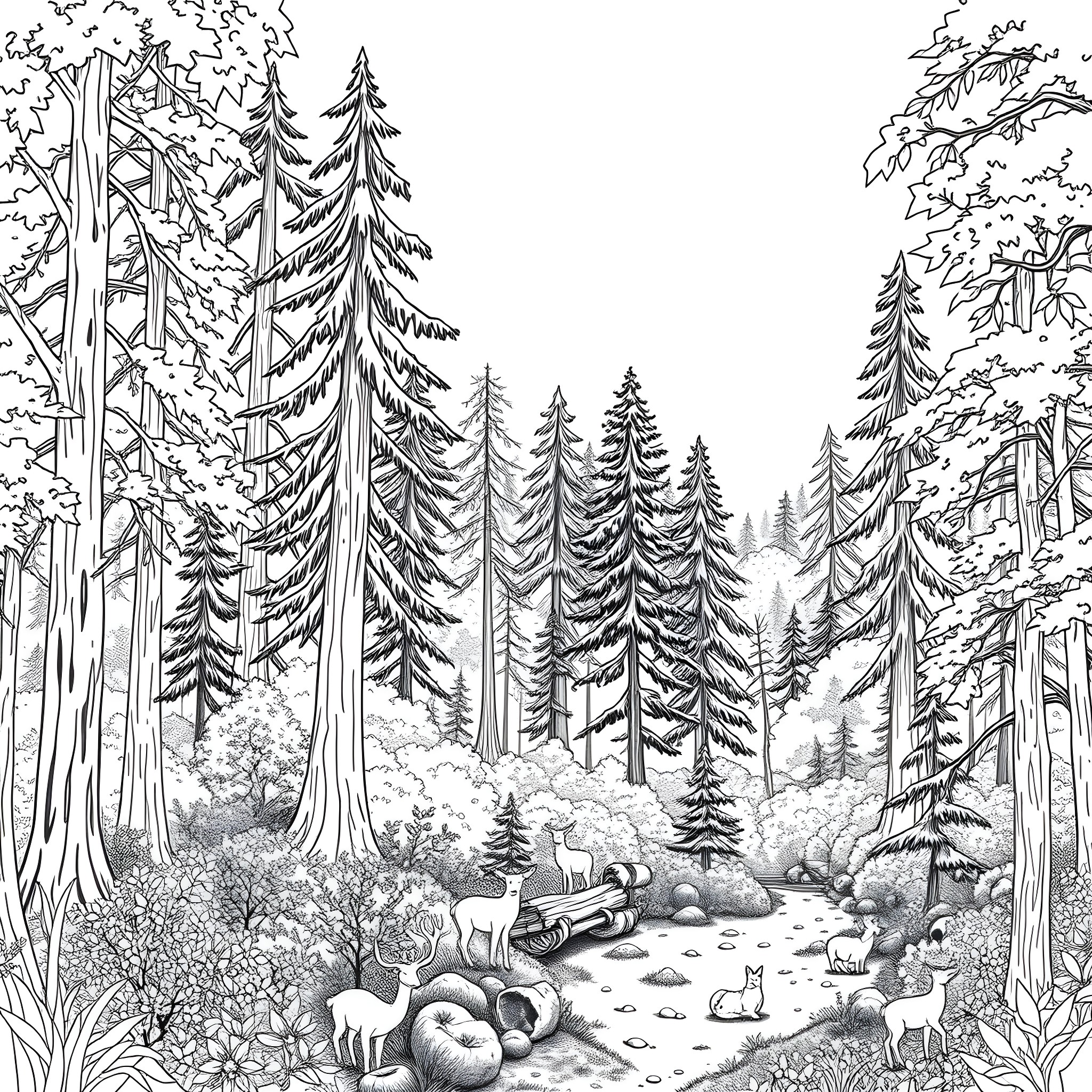 Forest Creatures Peacefully Exploring the Scenic Woodland Coloring Page (free black-and-white line drawing printable PDF for all, from beginners to advanced learners, including children, teens, adults, and seniors)
