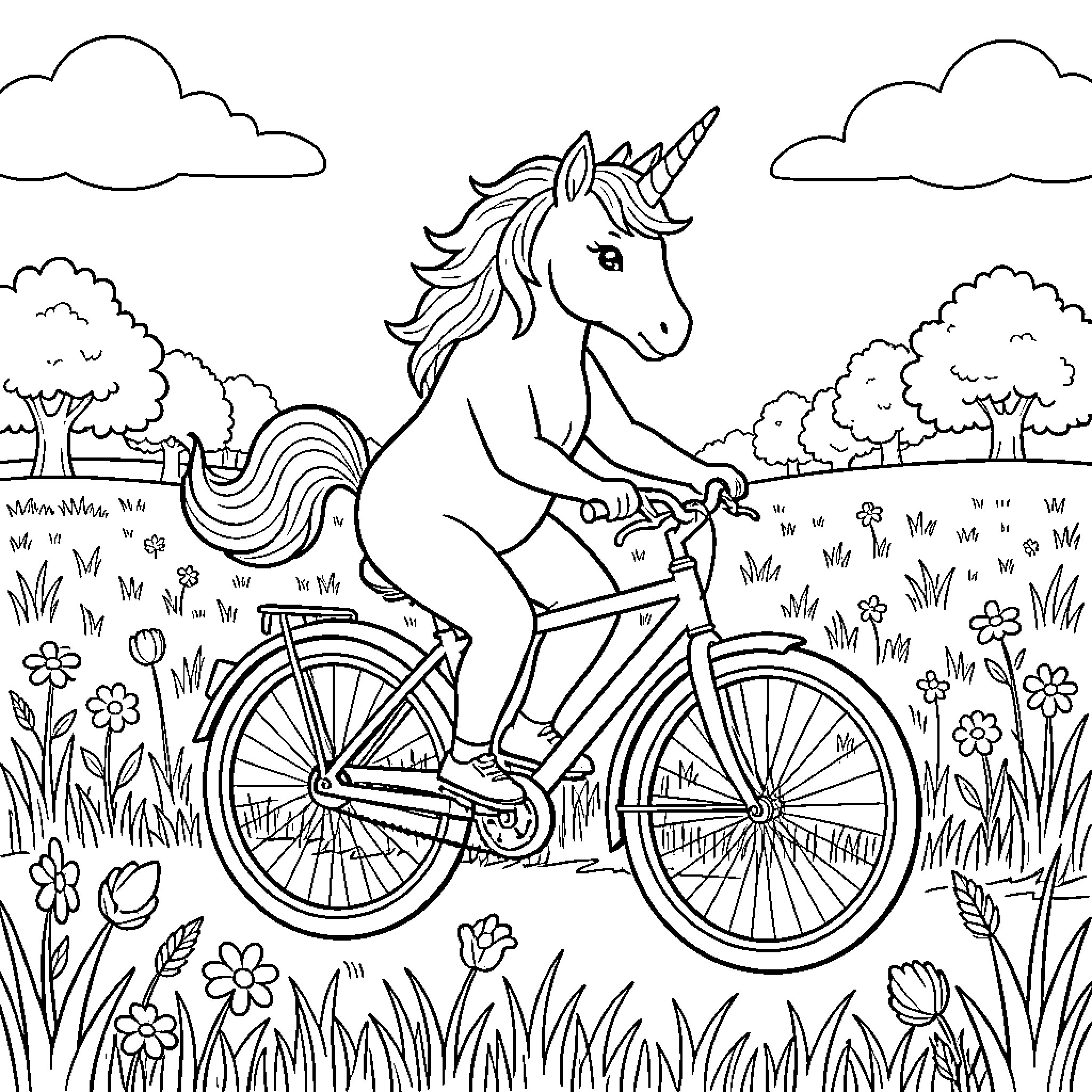 Unicorn riding a bicycle through a flowery meadow Coloring Page (free black-and-white line drawing printable PDF for all, from beginners to advanced learners, including children, teens, adults, and seniors)