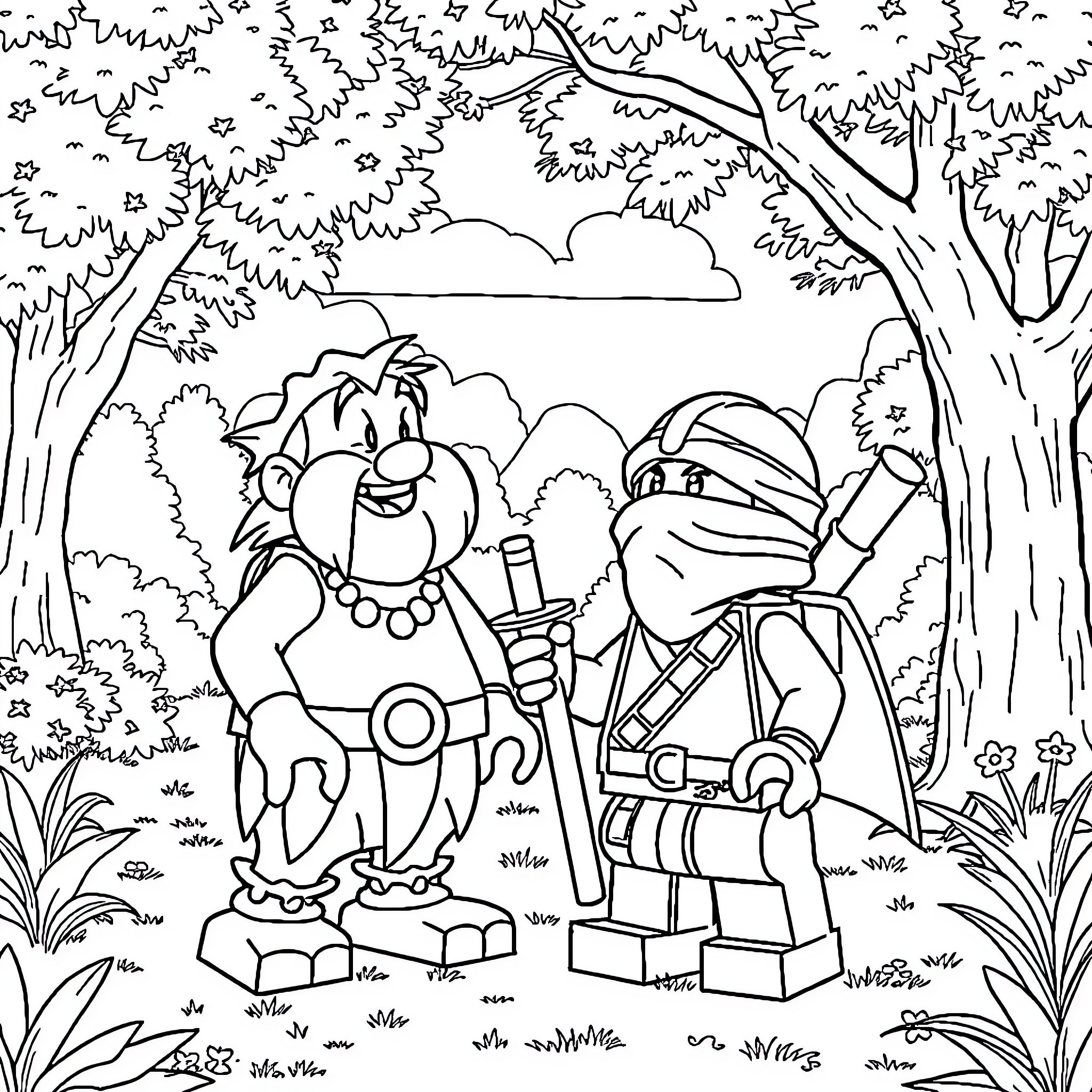 Asterix and Obelix on an adventure in the forest Coloring Page (free black-and-white line drawing printable PDF for all, from beginners to advanced learners, including children, teens, adults, and seniors)