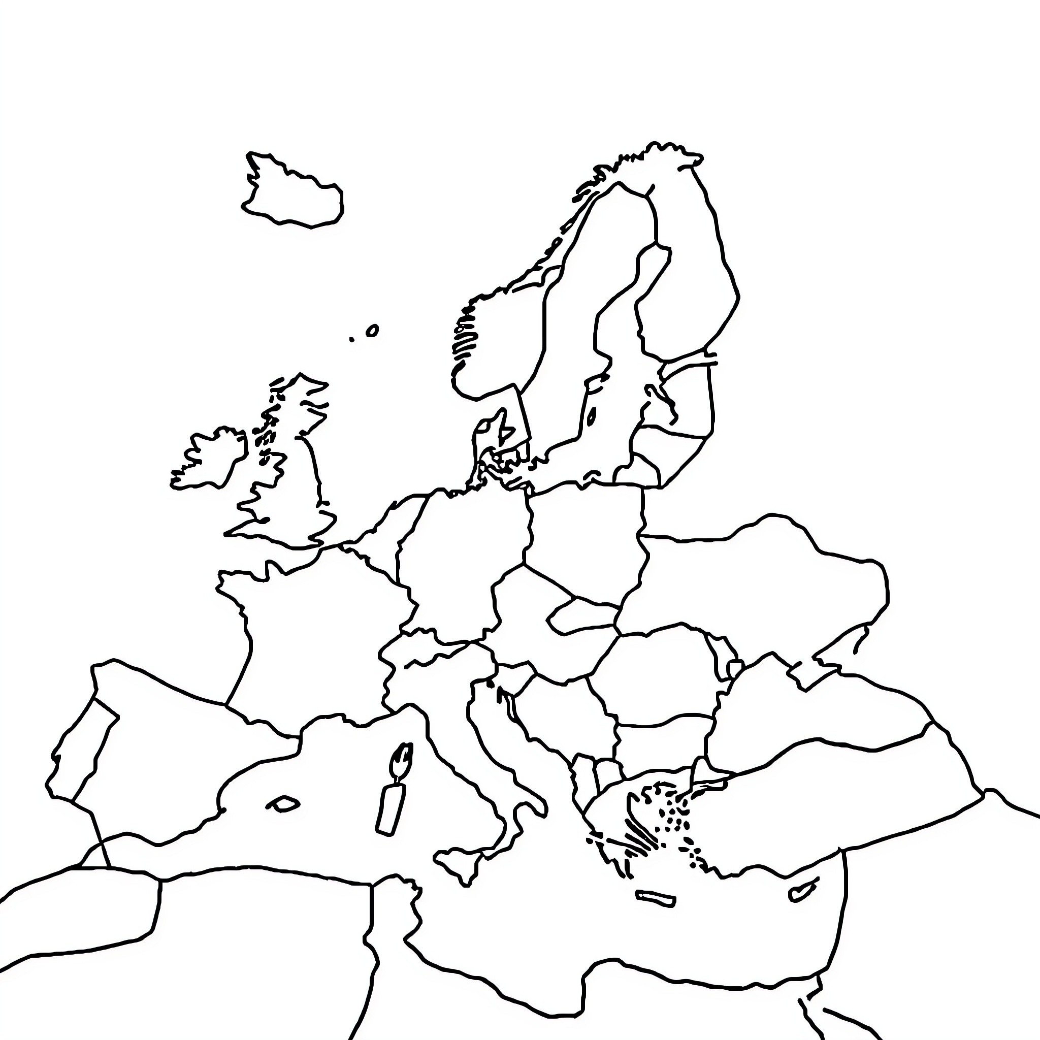 EU Map Outline with Country Borders Coloring Page (free black-and-white line drawing printable PDF for all, from beginners to advanced learners, including children, teens, adults, and seniors)