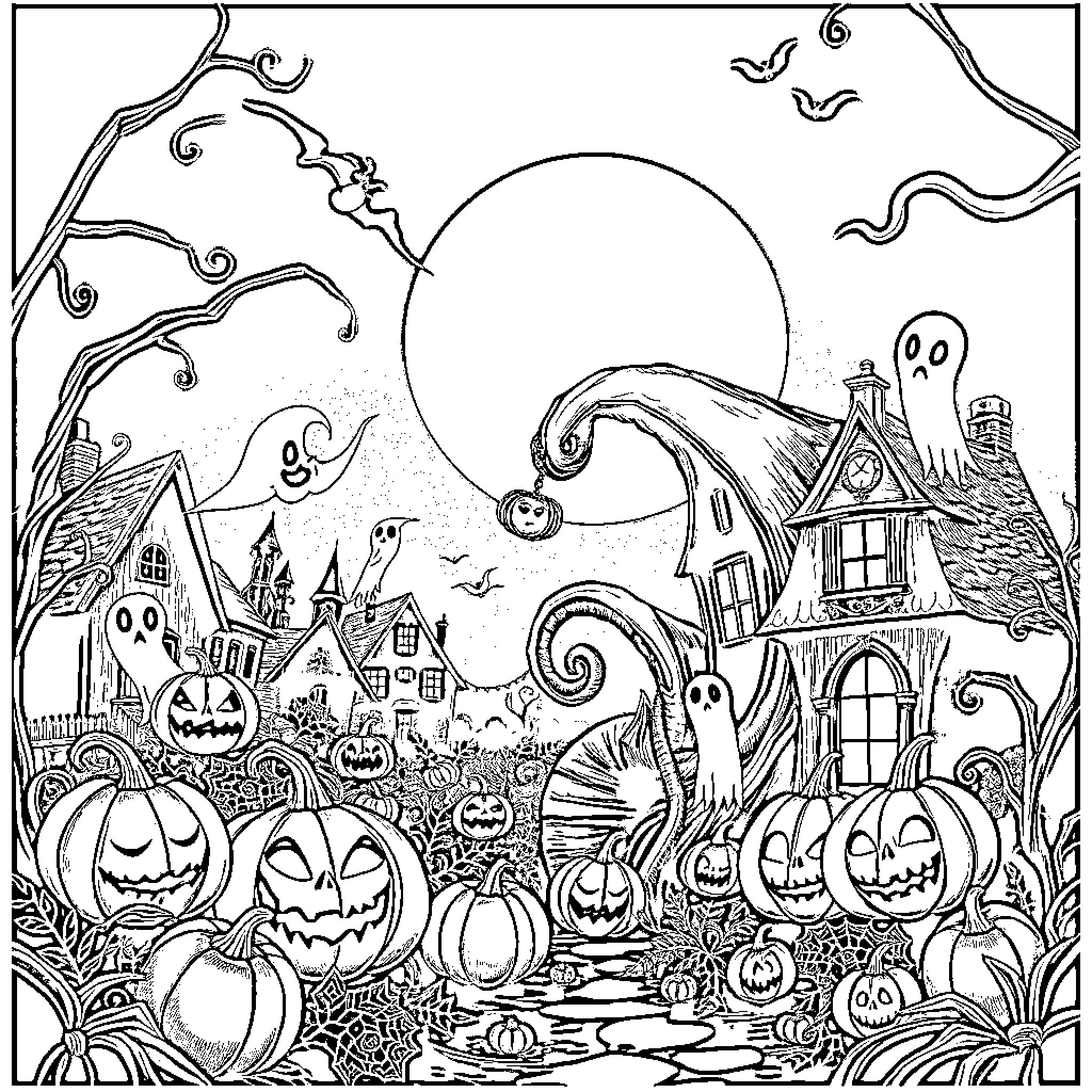 Nightmare Before Christmas Spooky Town Scene Coloring Page (free black-and-white line drawing printable PDF for all, from beginners to advanced learners, including children, teens, adults, and seniors)