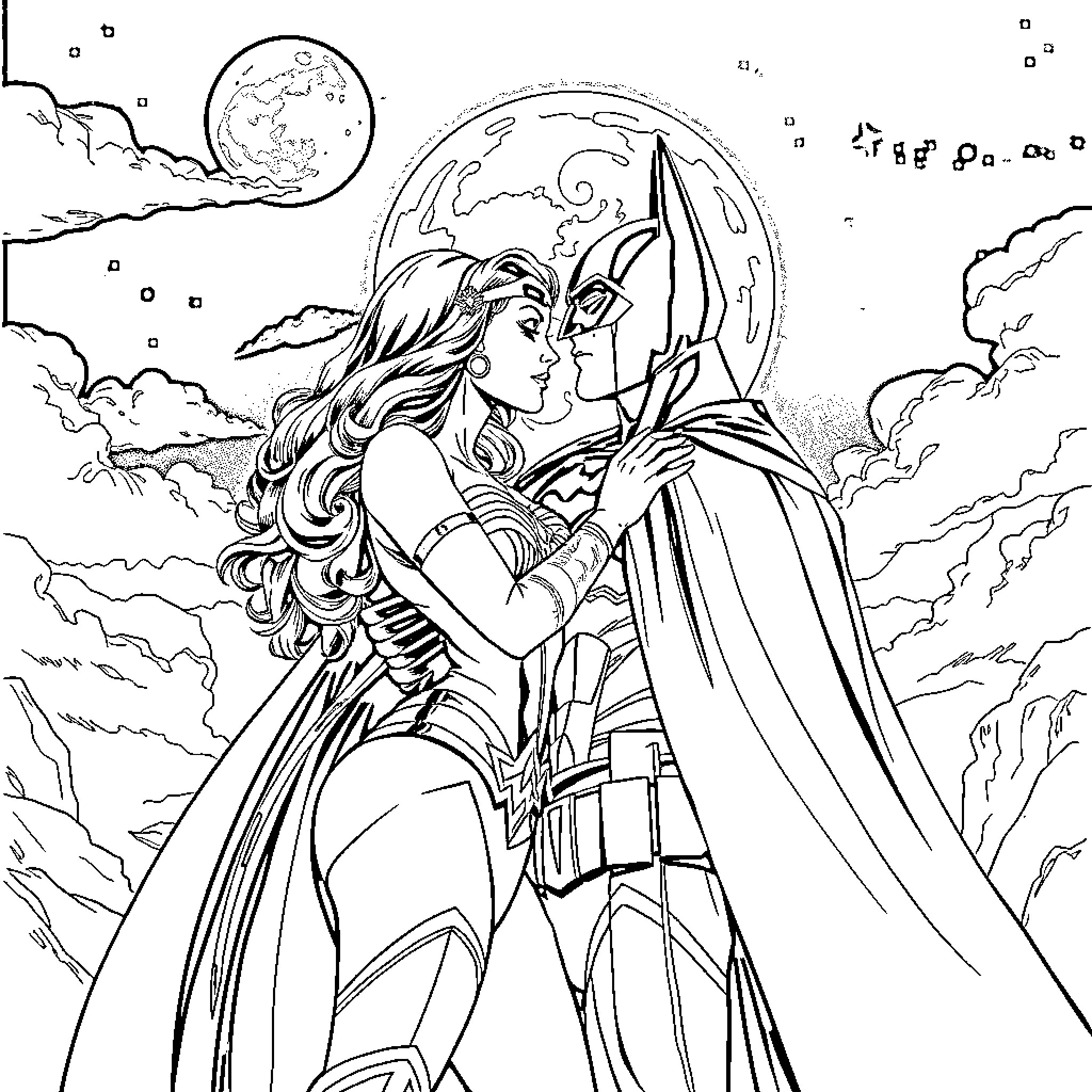 Wonder Woman in a dramatic superhero embrace Coloring Page (free black-and-white line drawing printable PDF for all, from beginners to advanced learners, including children, teens, adults, and seniors)