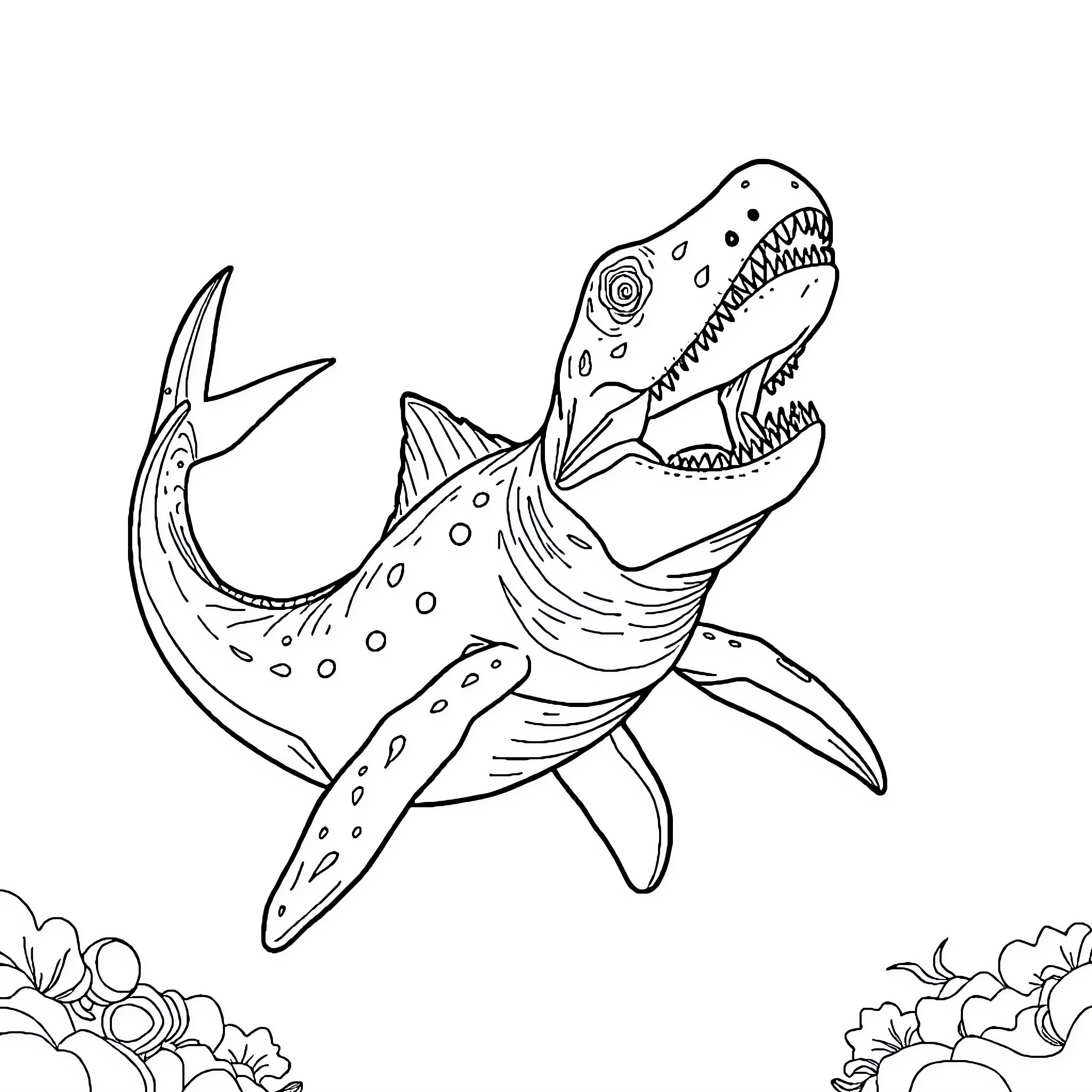 Mosasaurus swimming with open mouth Coloring Page (free black-and-white line drawing printable PDF for all, from beginners to advanced learners, including children, teens, adults, and seniors)