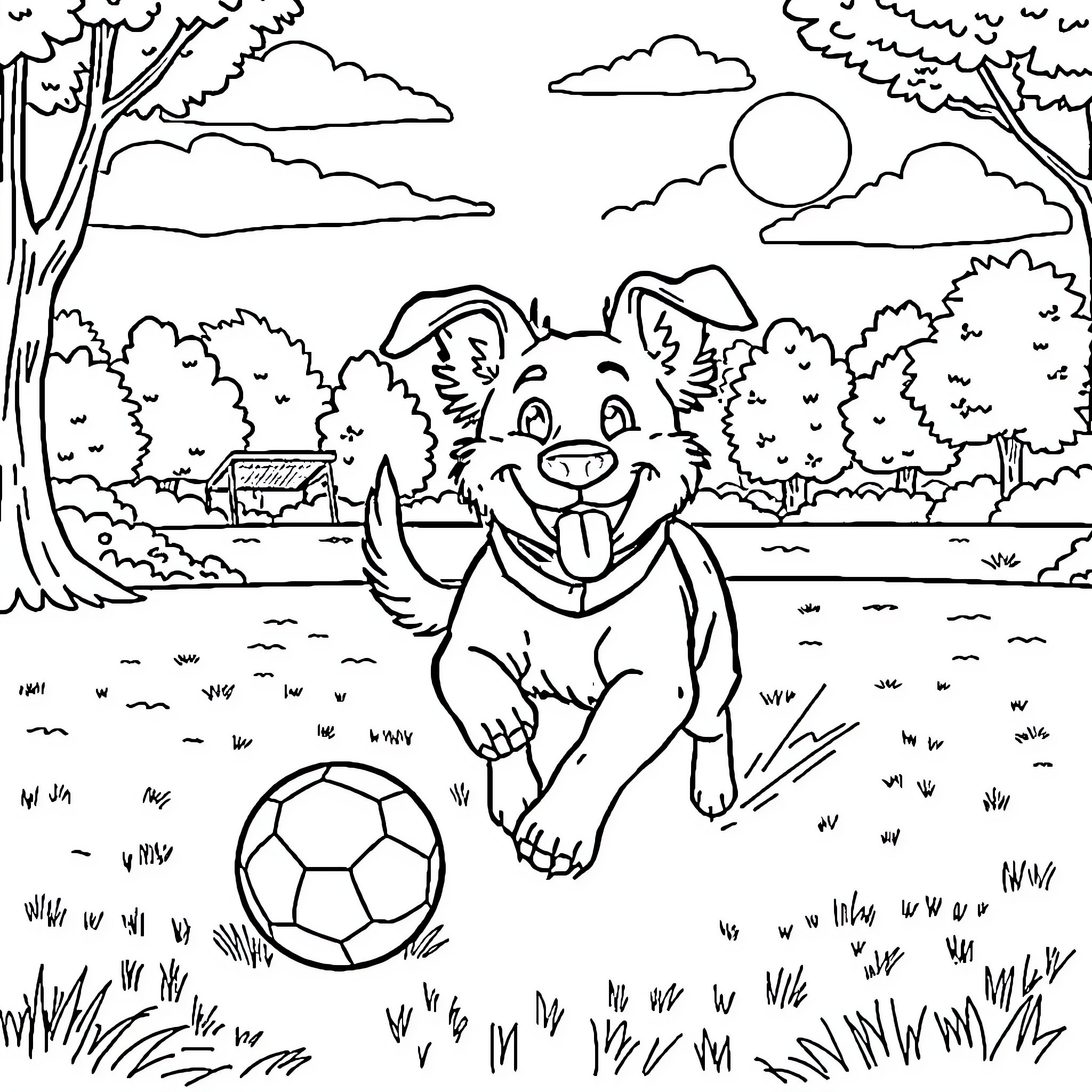 Dog playing joyfully with soccer ball in park Coloring Page (free black-and-white line drawing printable PDF for all, from beginners to advanced learners, including children, teens, adults, and seniors)