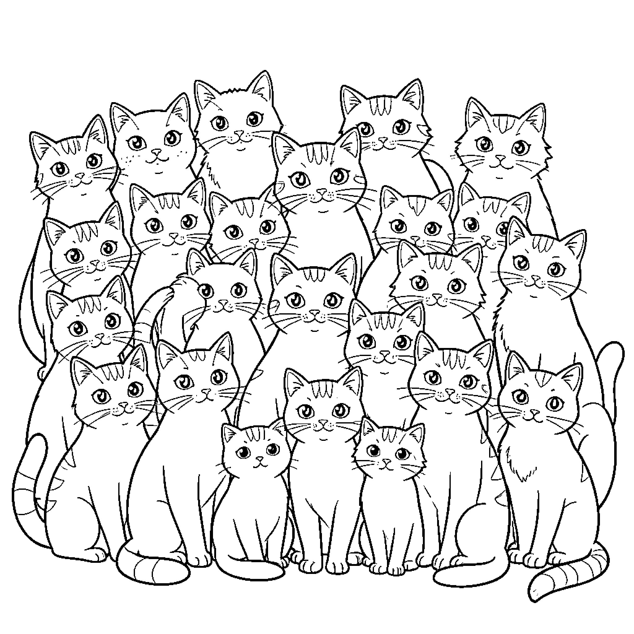 Gabi Chat gathering of many cute kittens Coloring Page (free black-and-white line drawing printable PDF for all, from beginners to advanced learners, including children, teens, adults, and seniors)